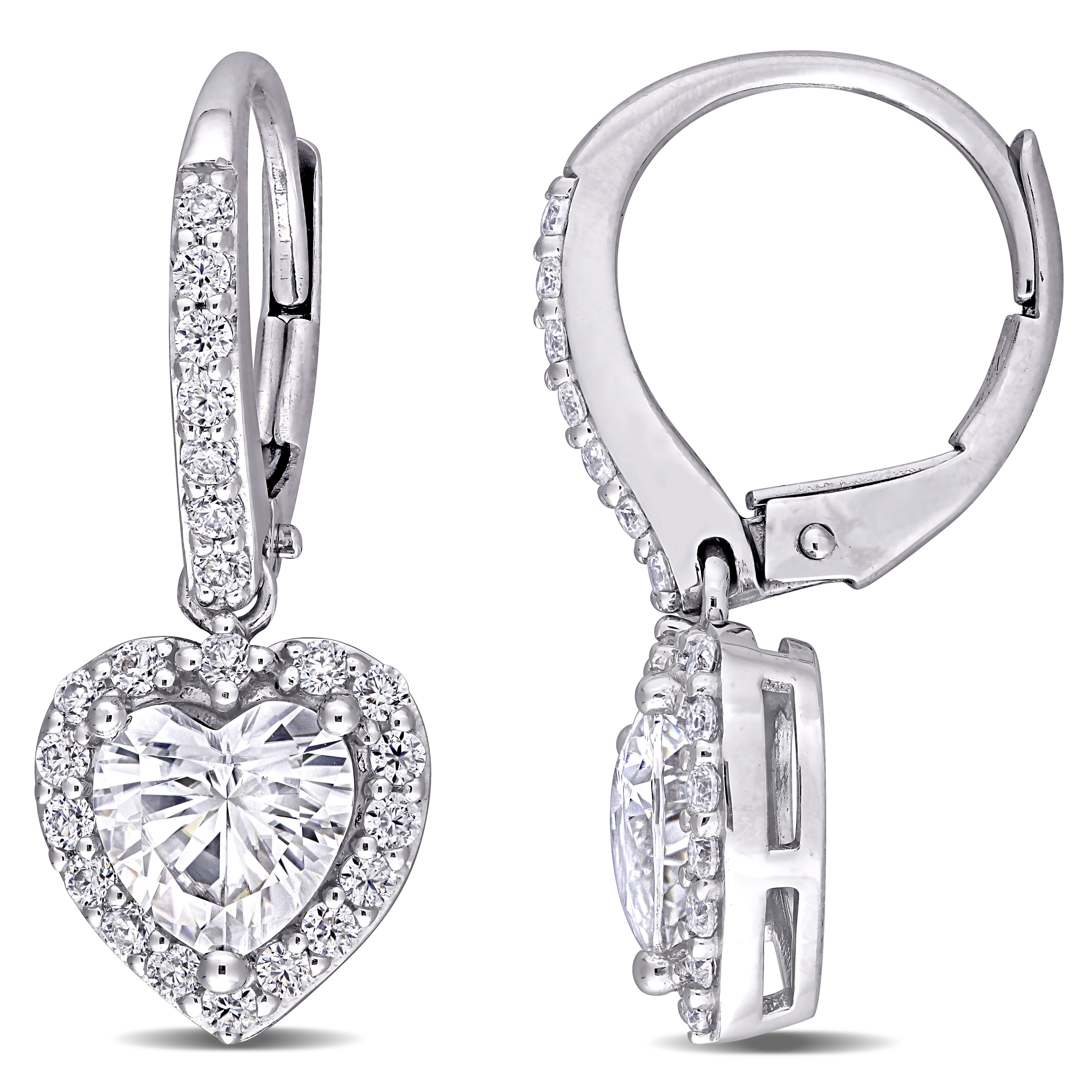 2 CT DEW Created Moissanite Heart Halo Leverback Earrings in 10k White Gold