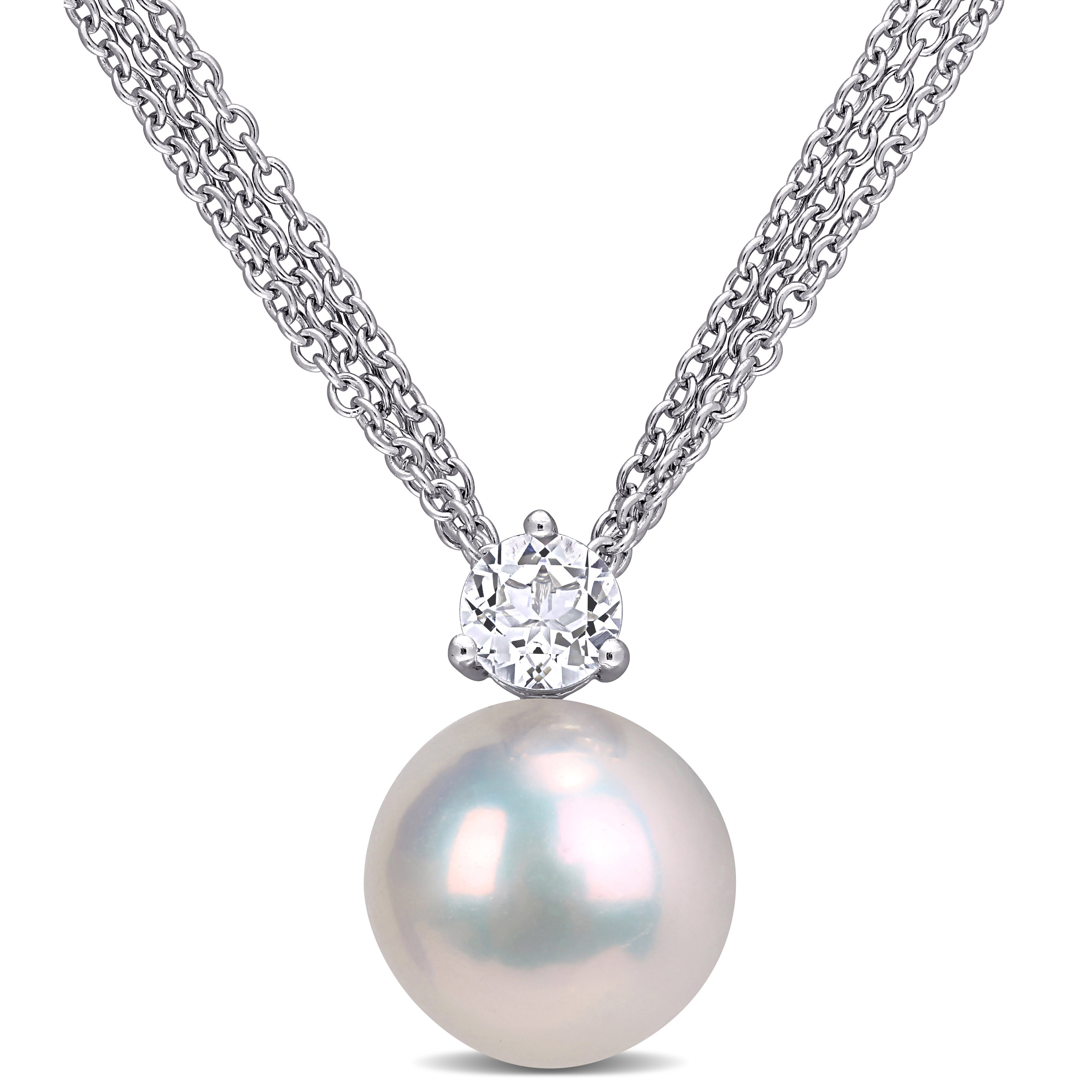 11-12 MM Cultured Freshwater Pearl and 5/8 CT TGW White Topaz Pendant with Chain in Sterling Silver