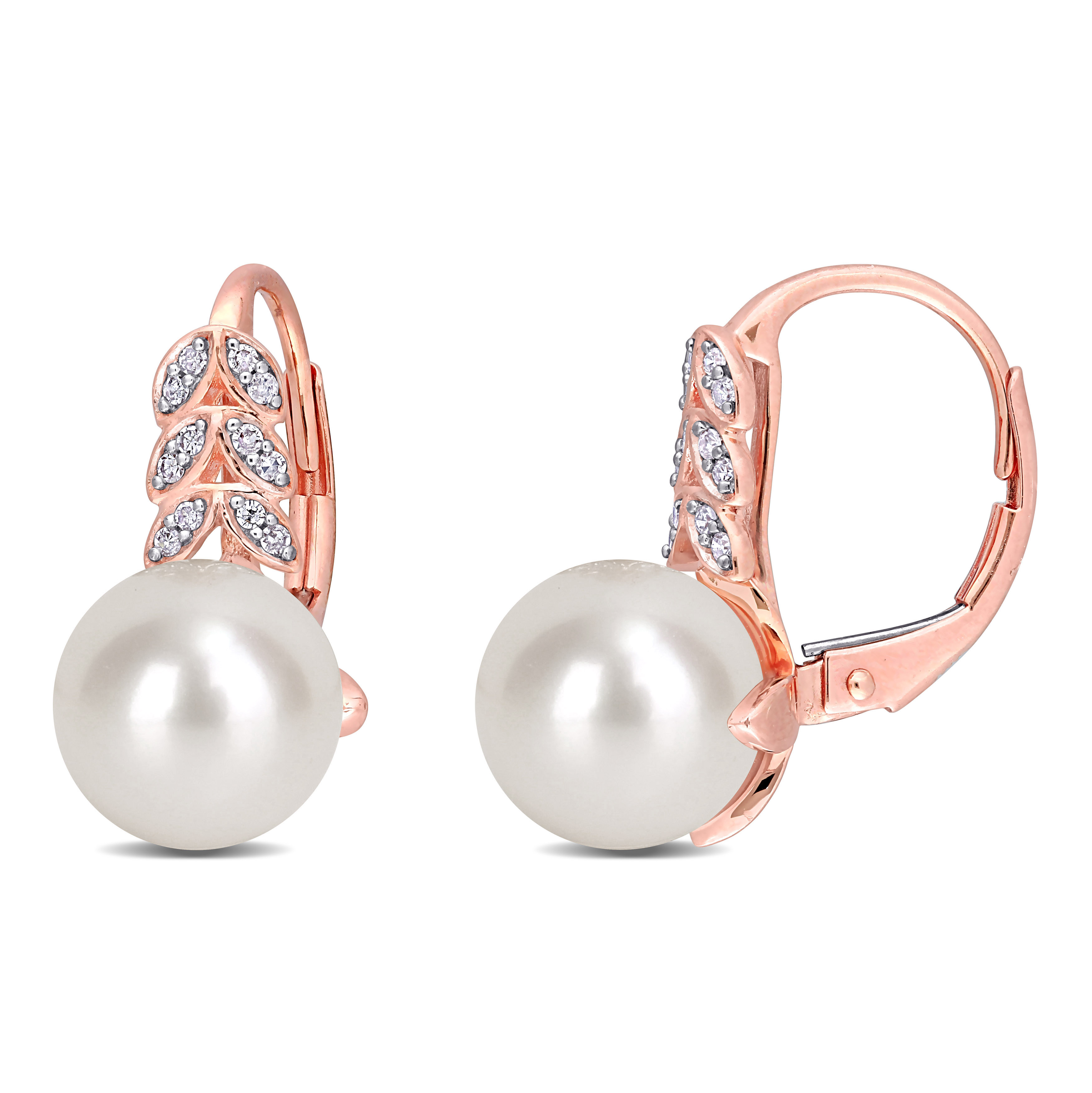 9-9.5 MM Cultured White Freshwater Pearl and 1/10 CT TW Diamond Leverback Earrings in 10k Rose Gold