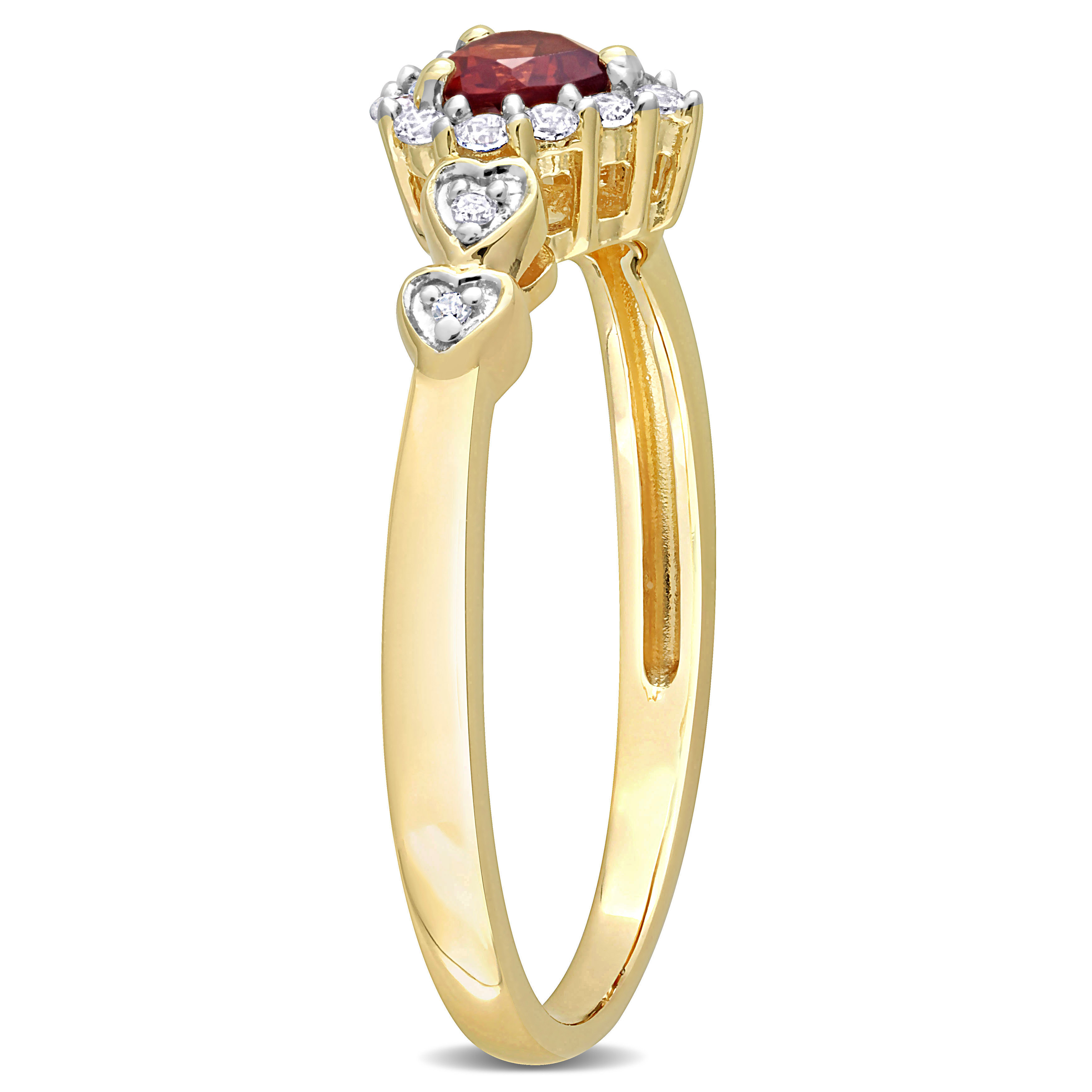 1/2 CT TGW Heart Shaped Garnet and Created White Sapphire with Diamond Accent Halo Promise Ring in Yellow Plated Sterling Silver
