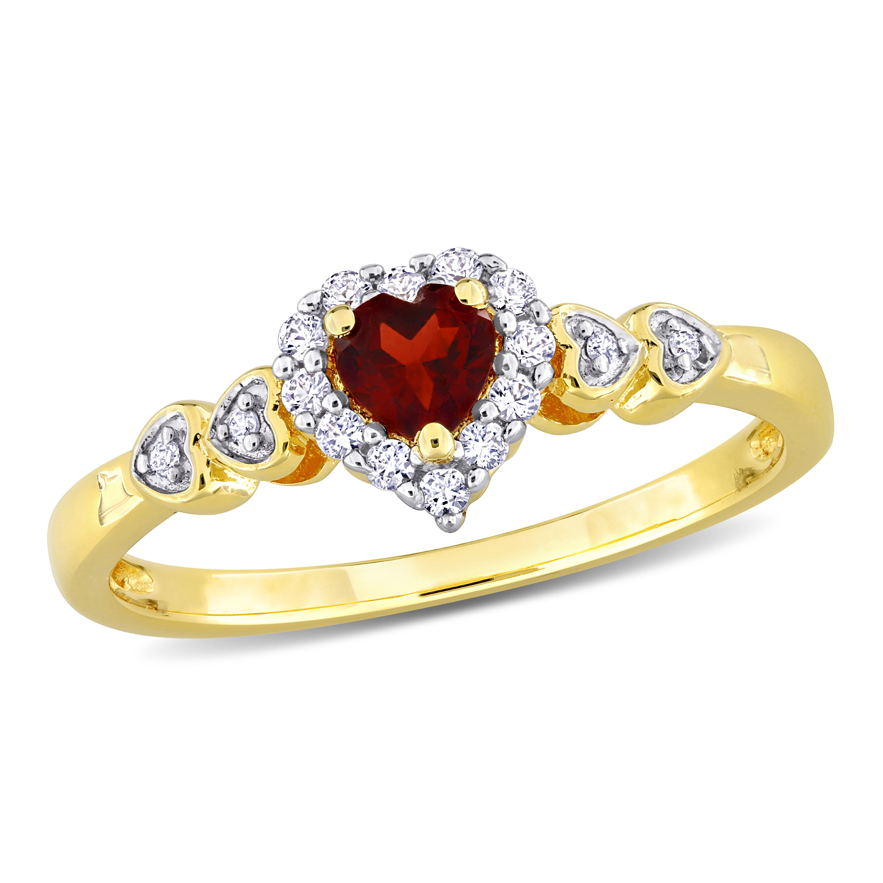 1/2 CT TGW Heart Shaped Garnet and Created White Sapphire with Diamond Accent Halo Promise Ring in Yellow Plated Sterling Silver