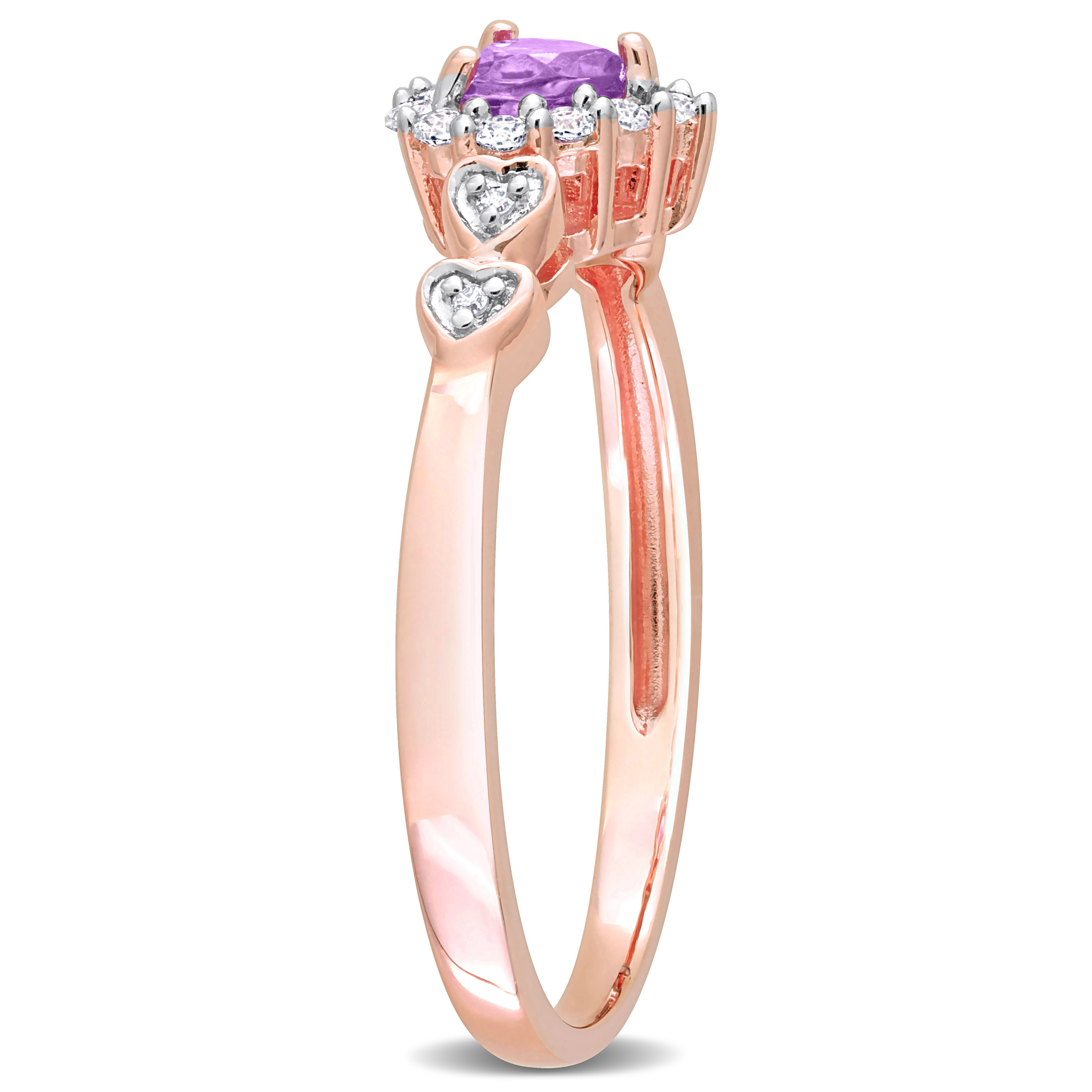 1/3 CT TGW Heart Shaped Amethyst and Created White Sapphire with Diamond Accent Halo Promise Ring in Rose Plated Sterling Silver