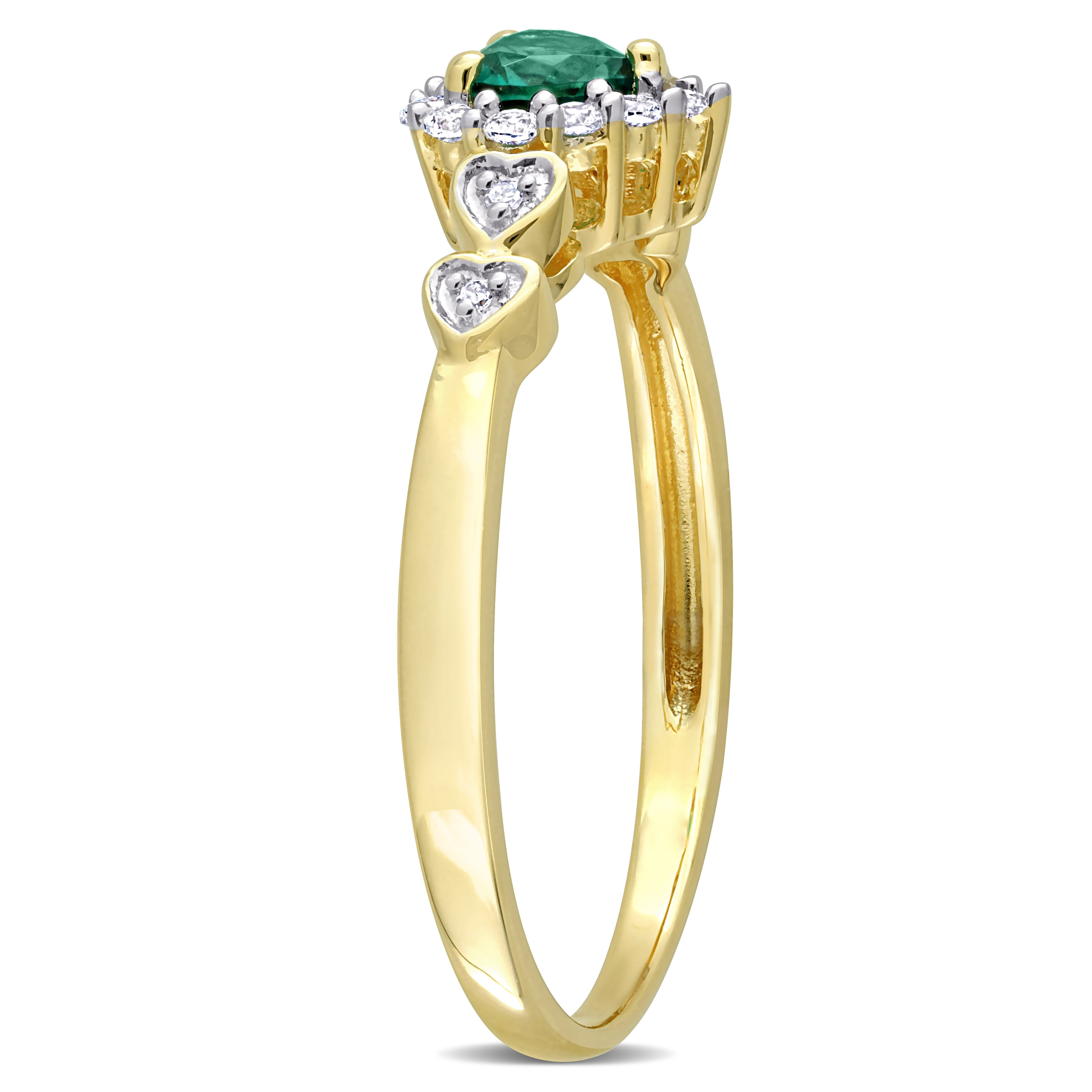 1/3 CT TGW Heart Shaped Created Emerald and Created White Sapphire with Diamond Accent Halo Promise Ring in Yellow Plated Sterling Silver