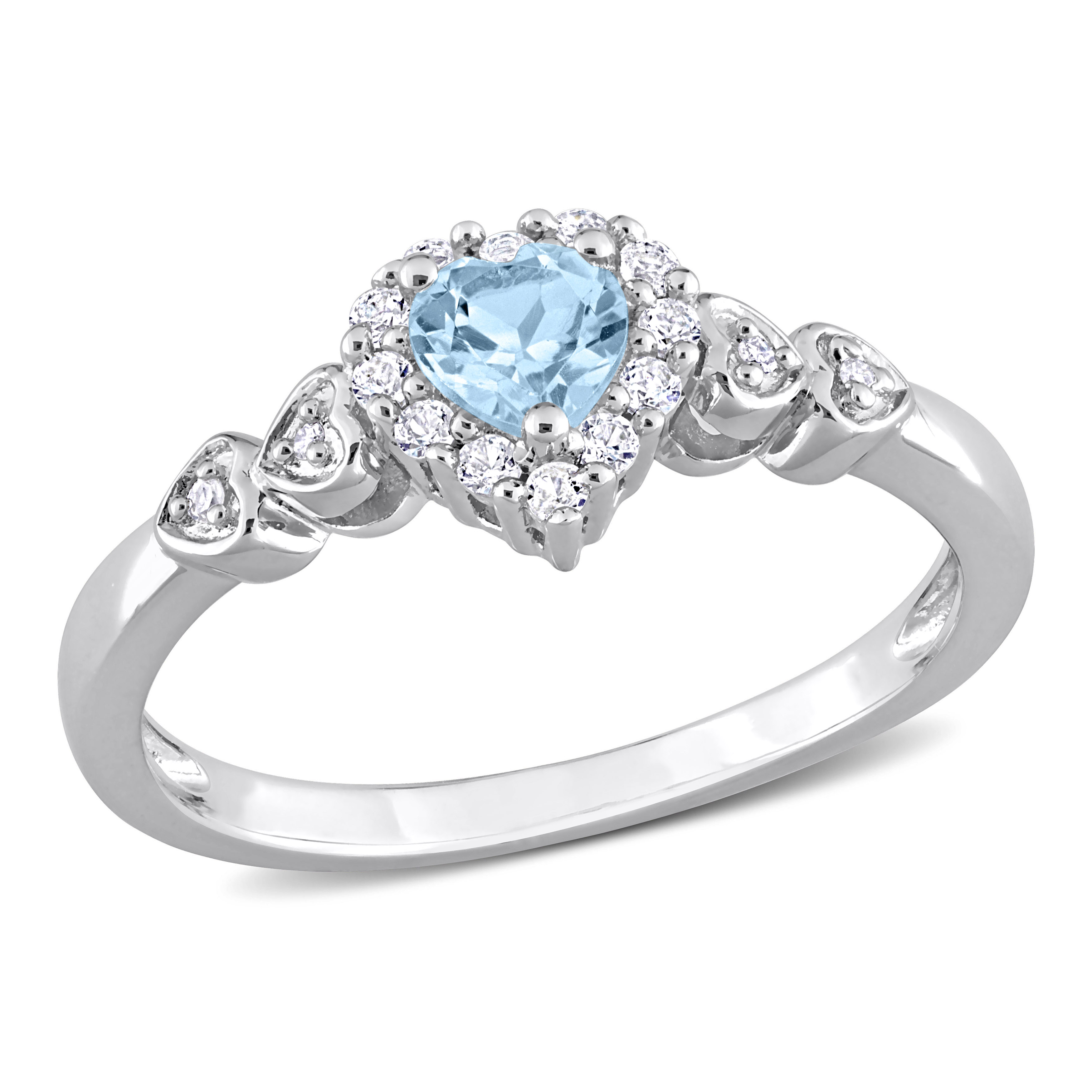 2/5 CT TGW Heart Shaped Sky Blue Topaz and Created White Sapphire with Diamond Accent Halo Promise Ring in Sterling Silver
