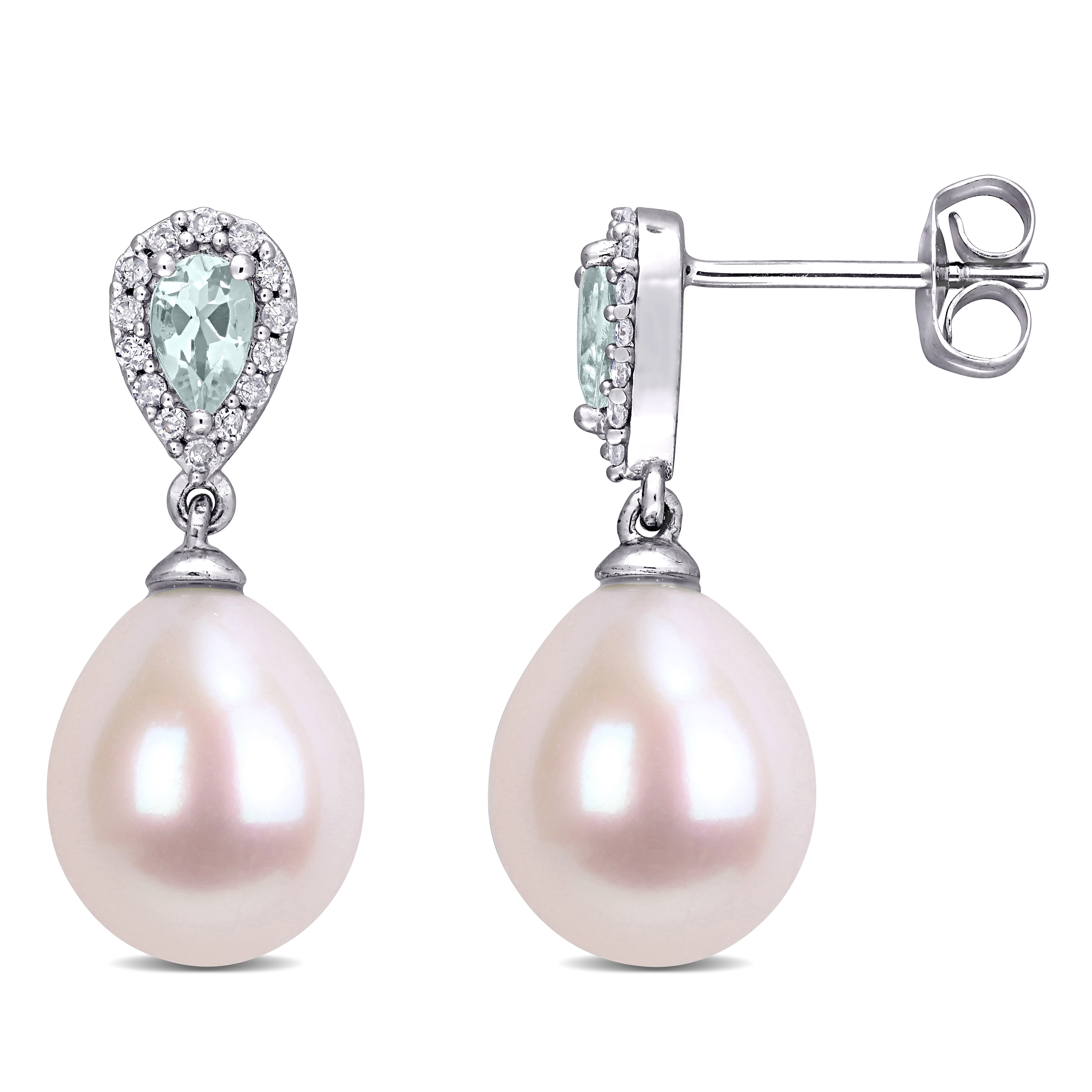 9 - 9.5 MM Freshwater Cultured Pearl 3/8 CT TGW Aquamarine and 1/7 CT TW Diamond Drop Earrings in 10k White Gold