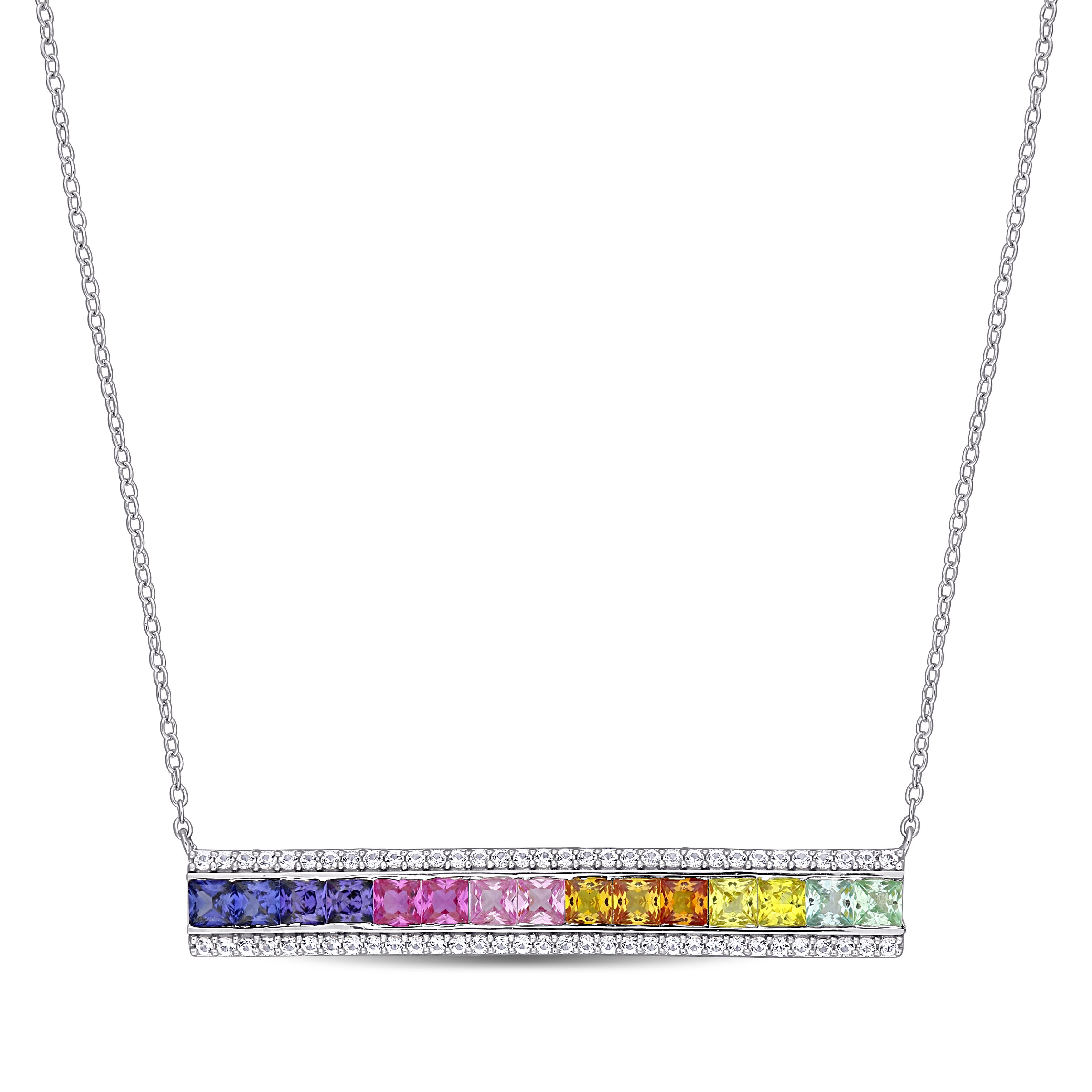 3 3/8 CT TGW Multi-Color Created Sapphire Bar Necklace in Sterling Silver - 18 in.