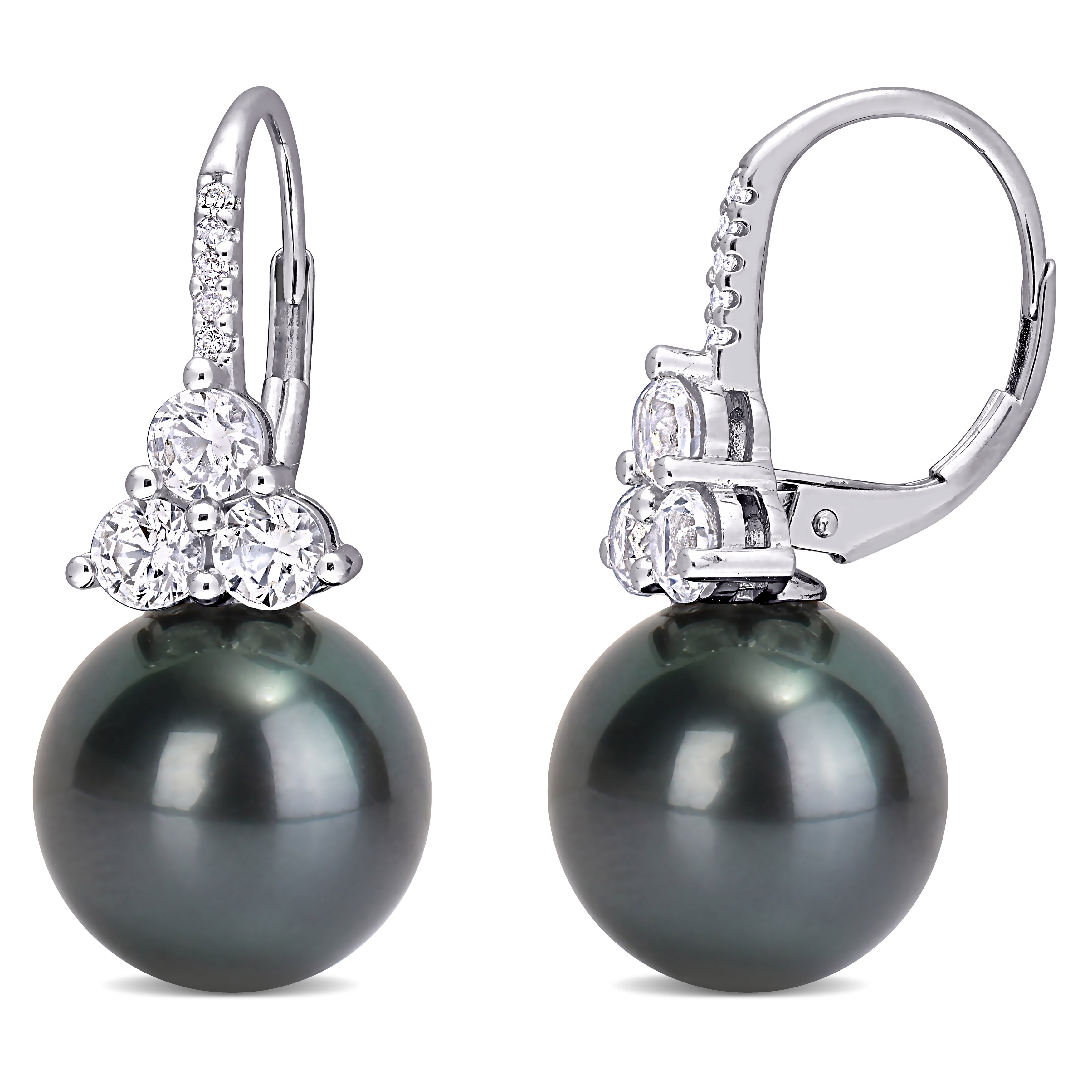11 - 12 MM Black Tahitian Cultured Pearl, 1 3/8 CT TGW Created Sapphire and Diamond Accent Leverback Earrings in 10k White Gold