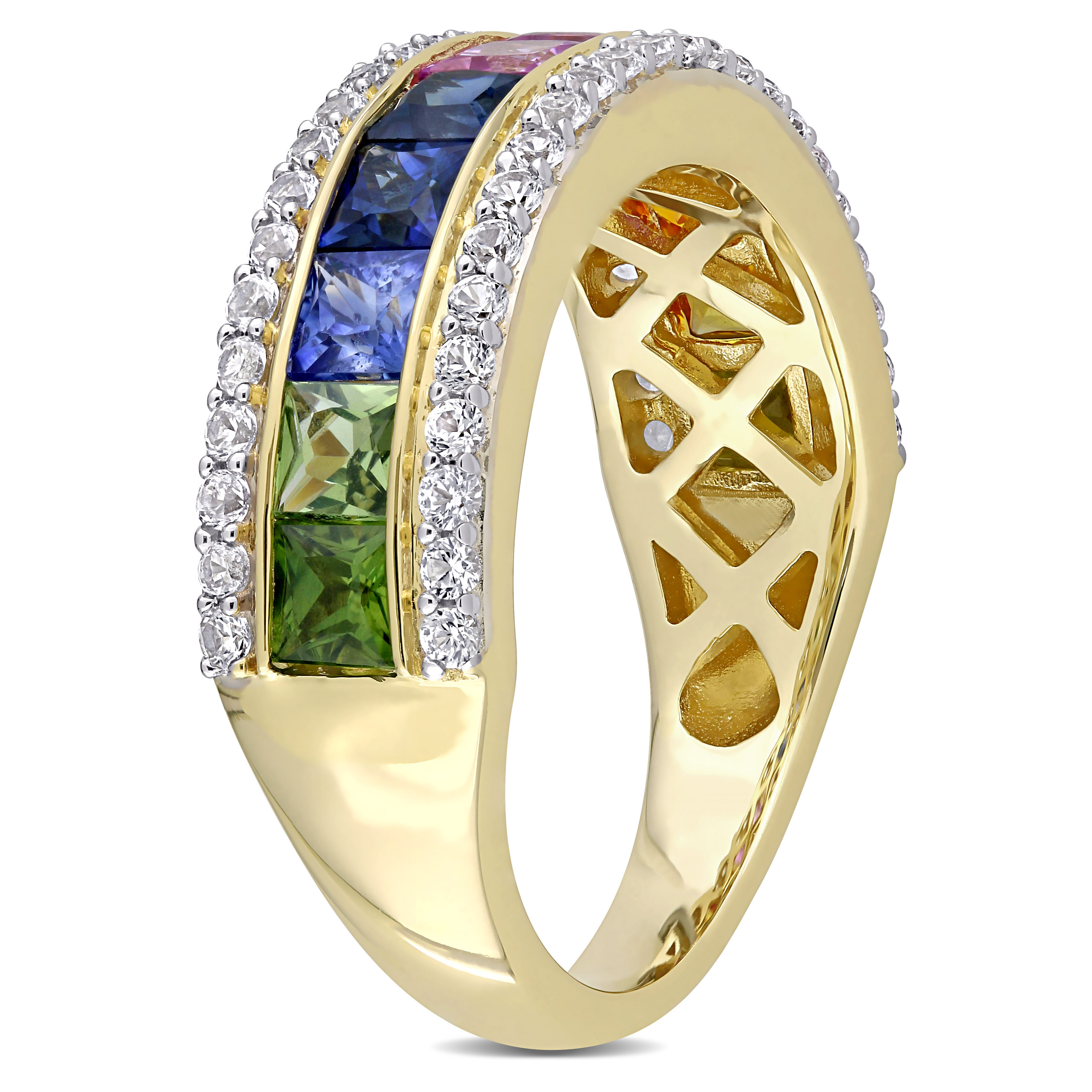 3 CT TGW Multi-Color Square Sapphire Ring in 14k Yellow Gold