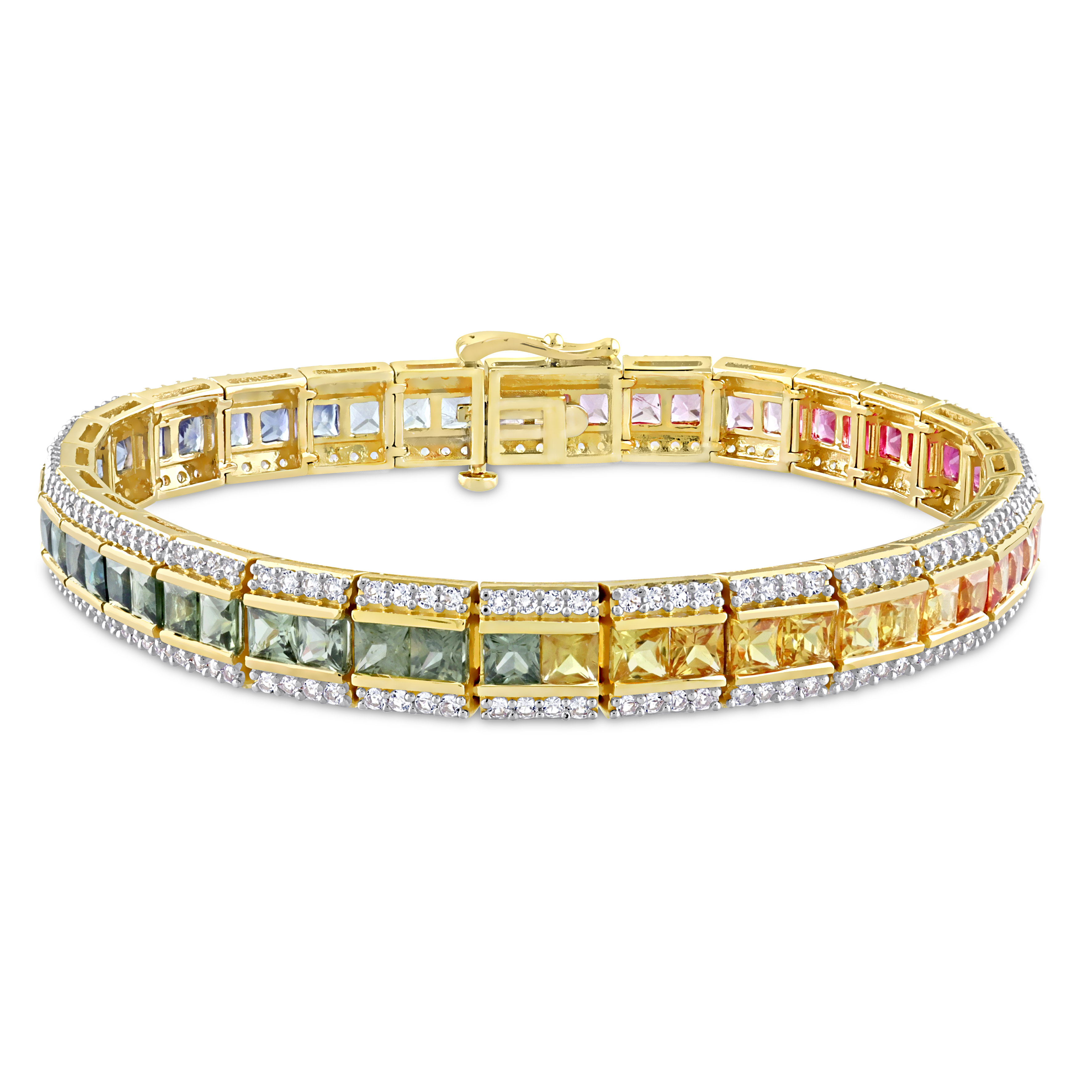 15 3/8 CT TGW Multi-Color Square and Round Sapphire Tennis Bracelet in 14k Yellow Gold - 7 in.