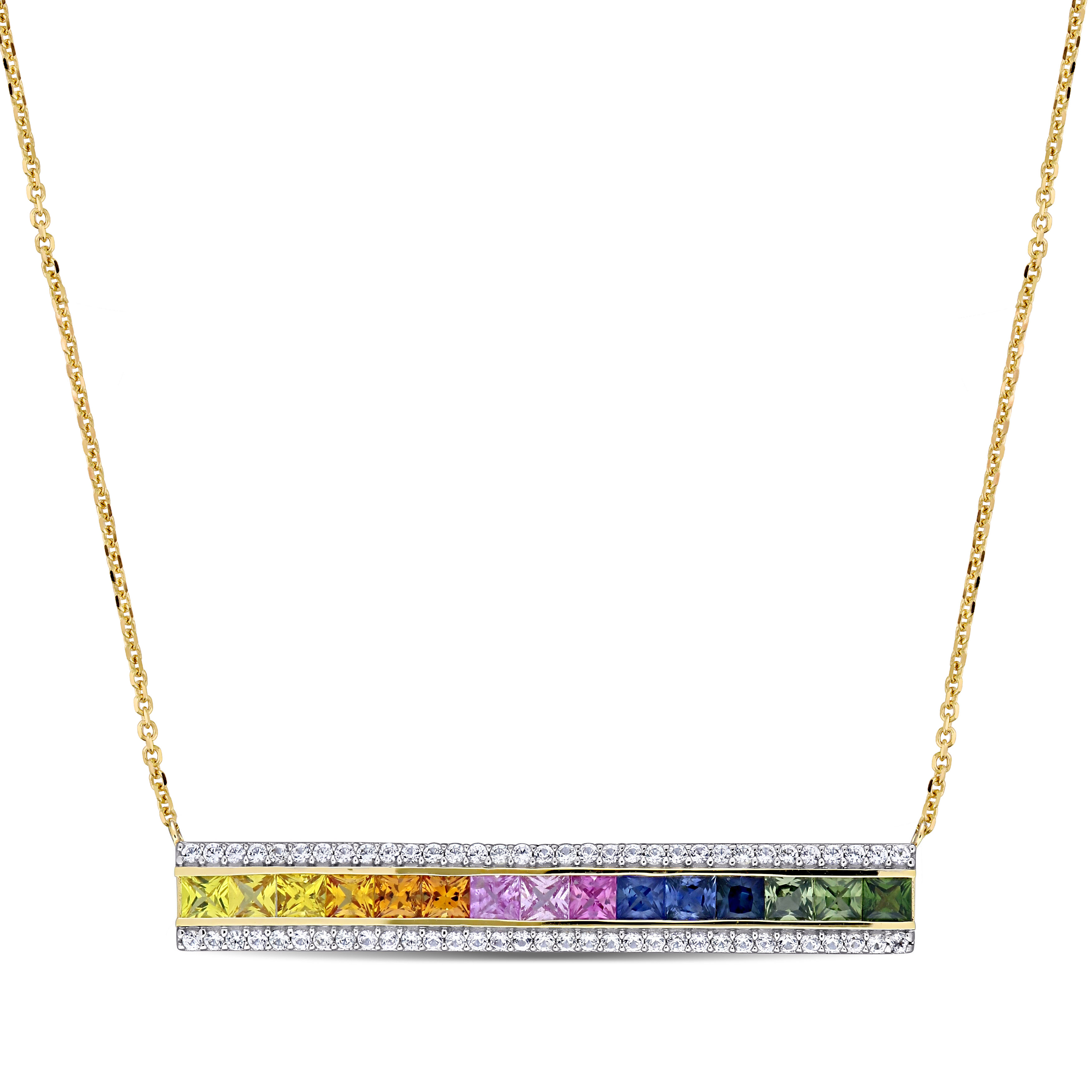 4 1/10 CT TGW Multi-Color Square and Round Sapphire Bar Necklace with Chain in 14k Yellow Gold - 18 in.