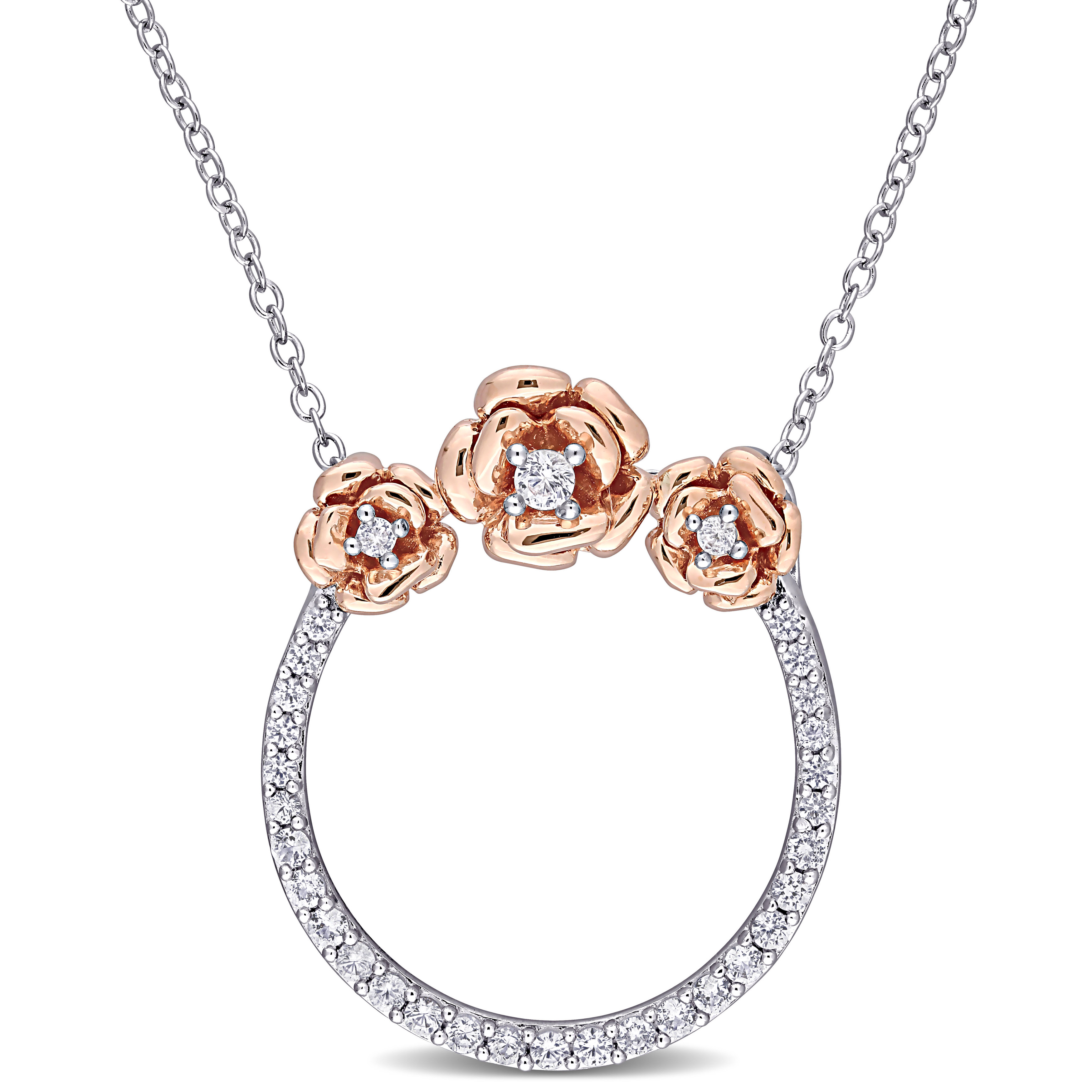 3/5 CT TGW Created White Sapphire Rose Open Circle Pendant with Chain in Two-tone White and Rose Plated Sterling Silver