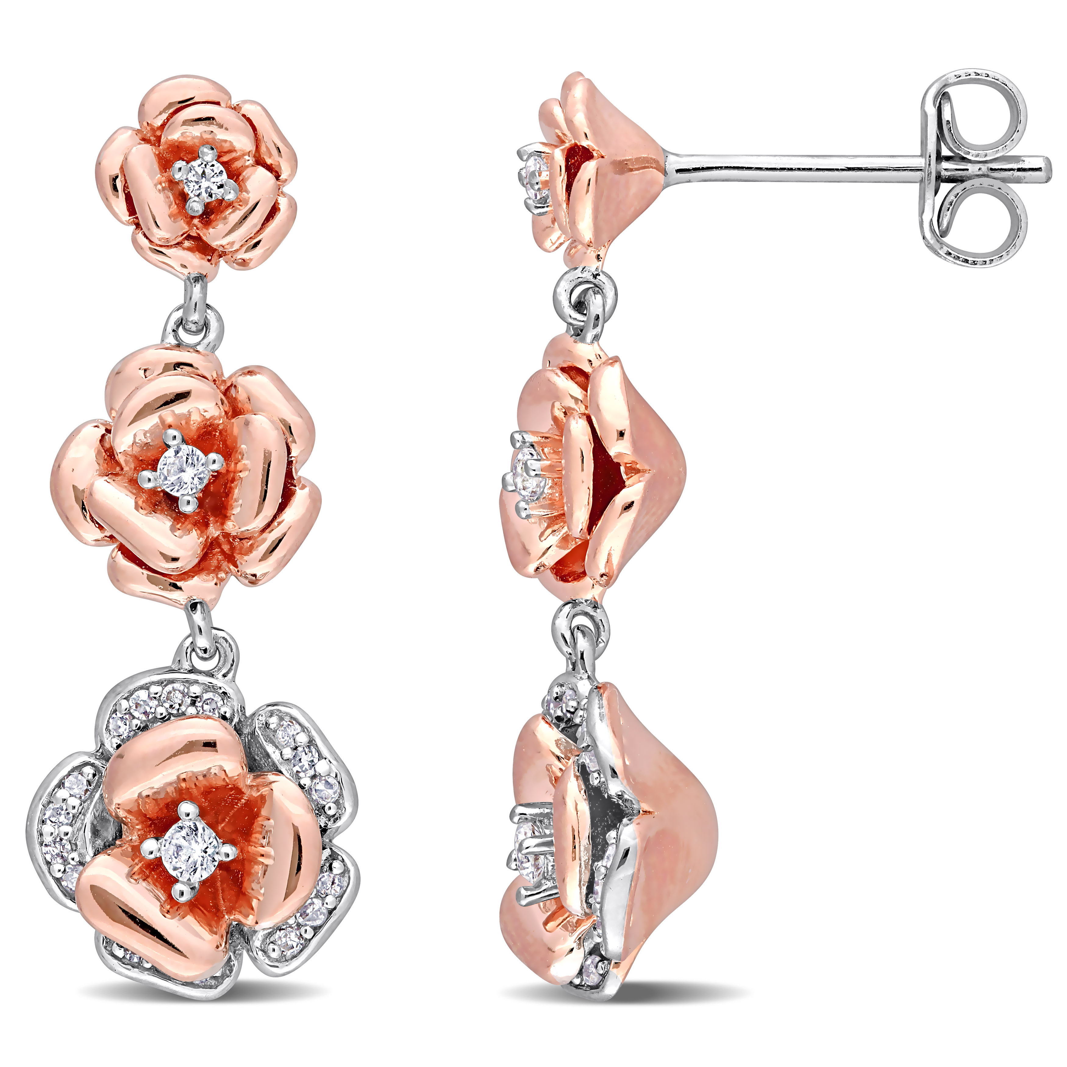 1/8 CT TGW Created White Sapphire and 1/10 CT TW Diamond Graduated Rose Earrings in Two-tone White and Rose Plated Sterling Silver