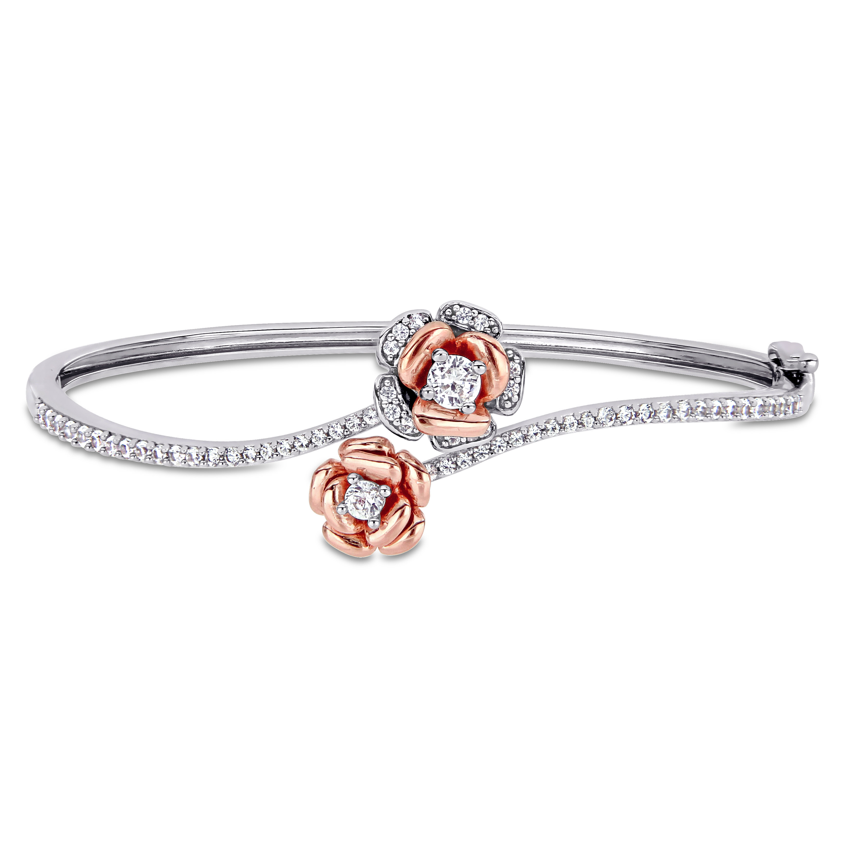 1 1/2 CT TGW Created White Sapphire Rose Swirl Bangle in Two-tone White and Rose Plated Sterling Silver