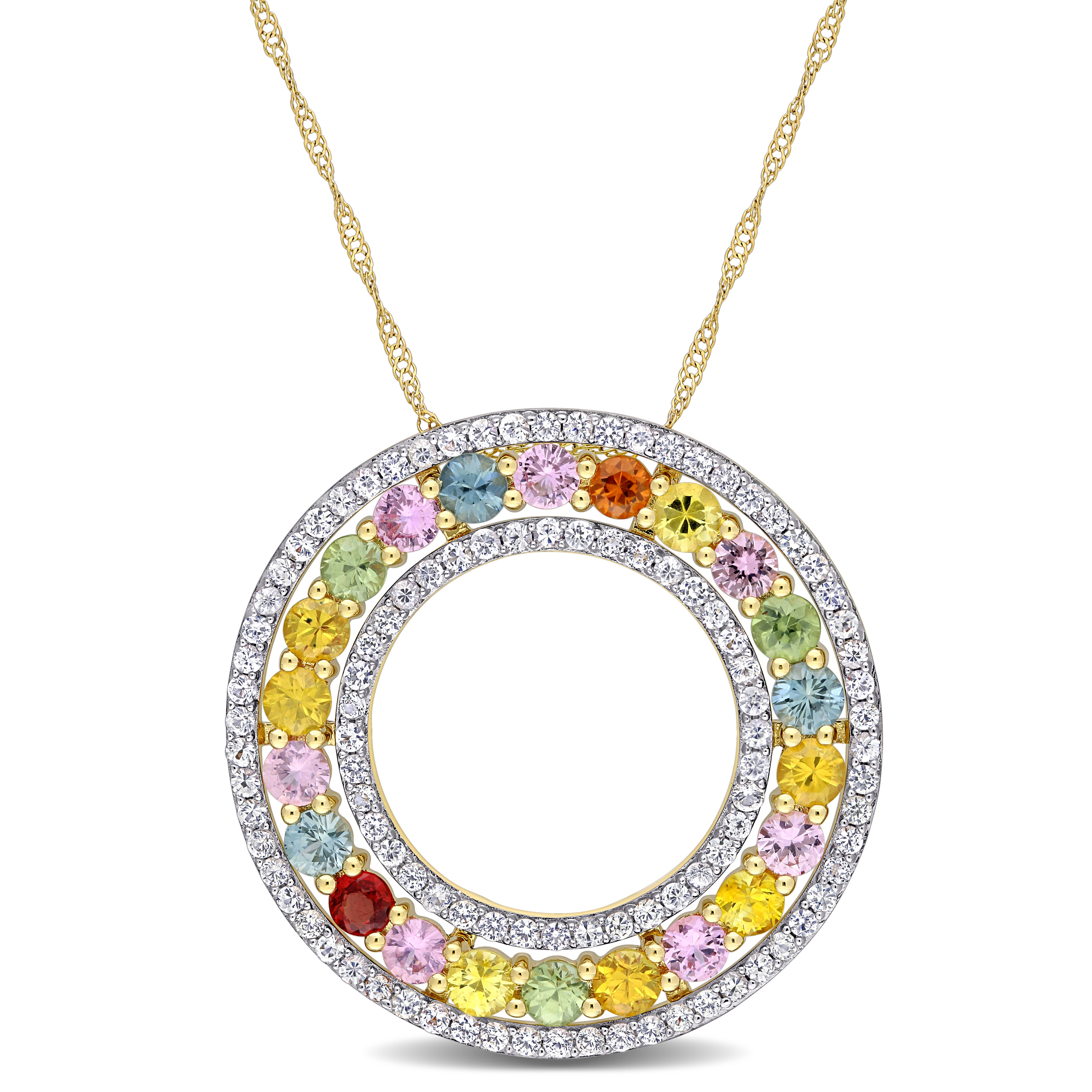 4 1/10 CT TGW Multi-Color Sapphire Circle Pendant with Chain in 14k Yellow Gold - 18 in.