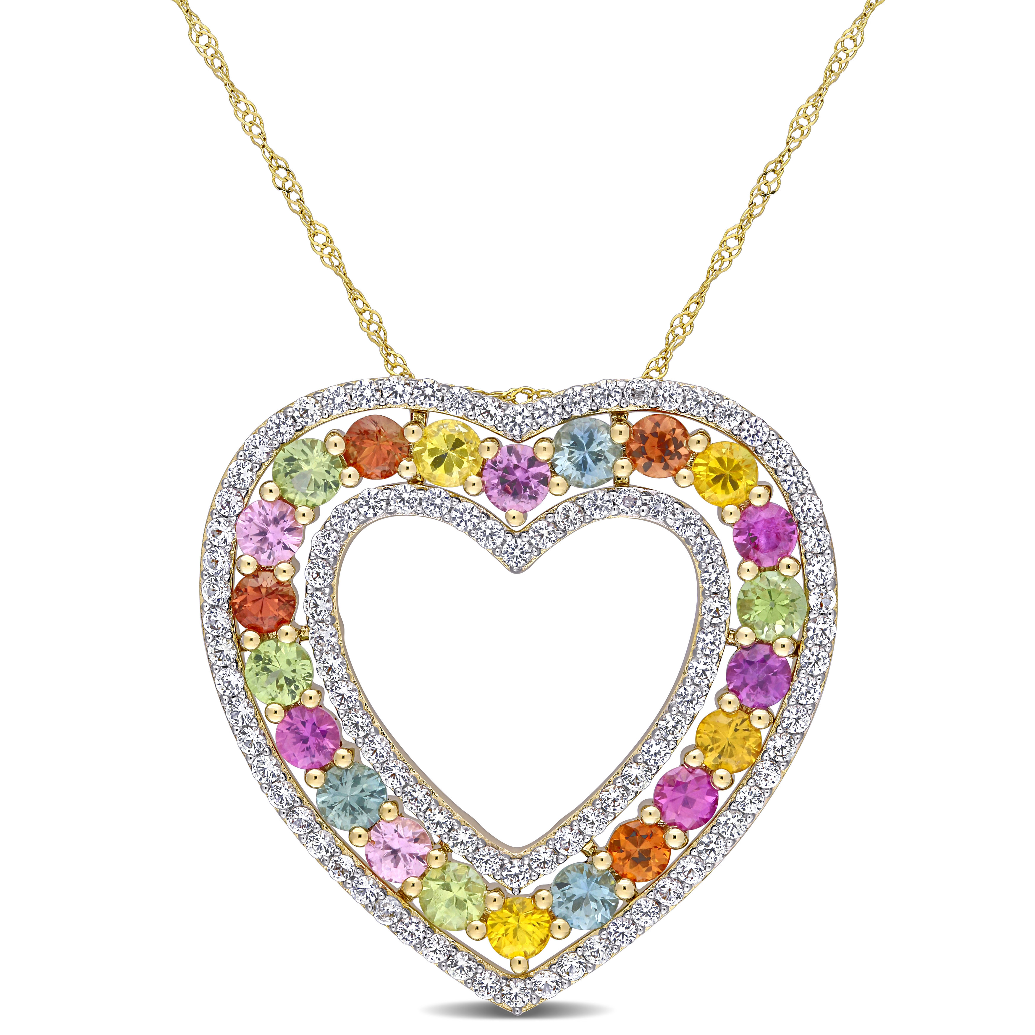 5 1/10 CT TGW Multi-Color Sapphire Heart Pendant with Chain in 14k Yellow Gold - 18 in.