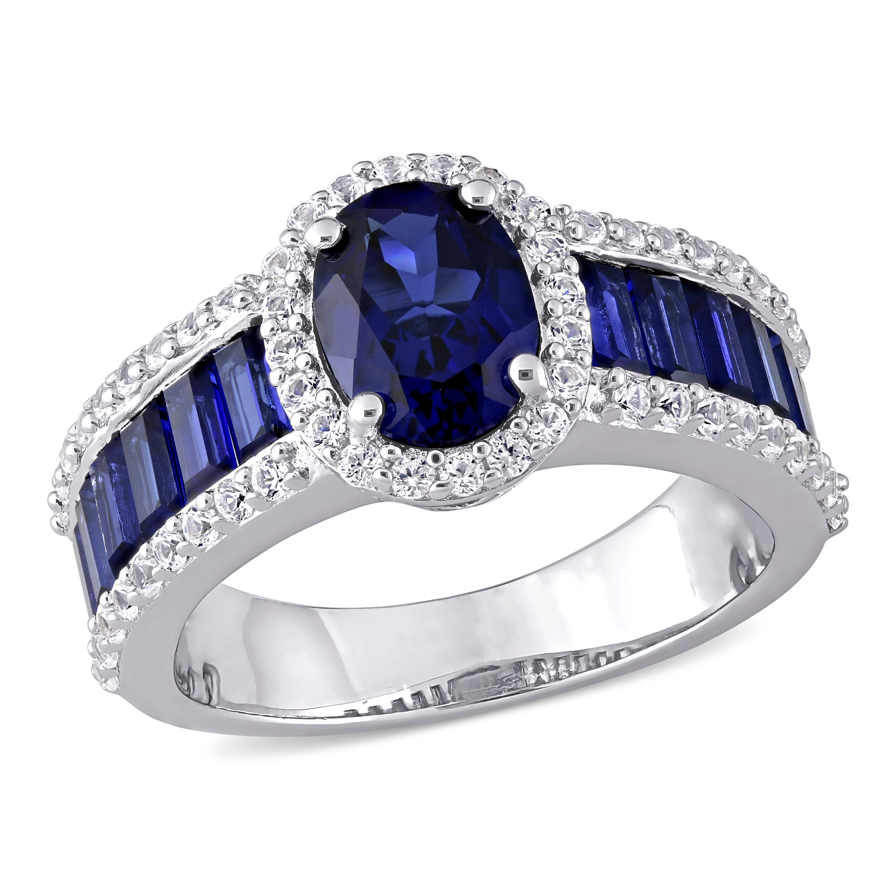 4 3/4 CT TGW Created Blue Sapphire and Created White Sapphire Vintage Halo Ring in Sterling Silver