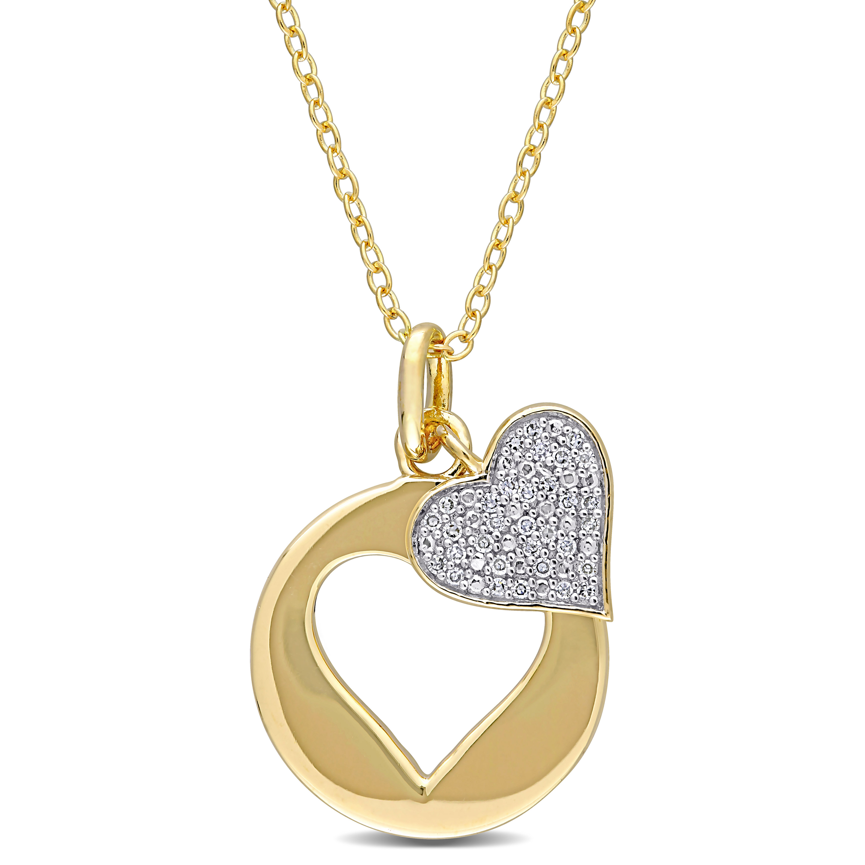1/10 CT TW Diamond Double Heart Pendant with Chain in Yellow Plated Sterling Silver