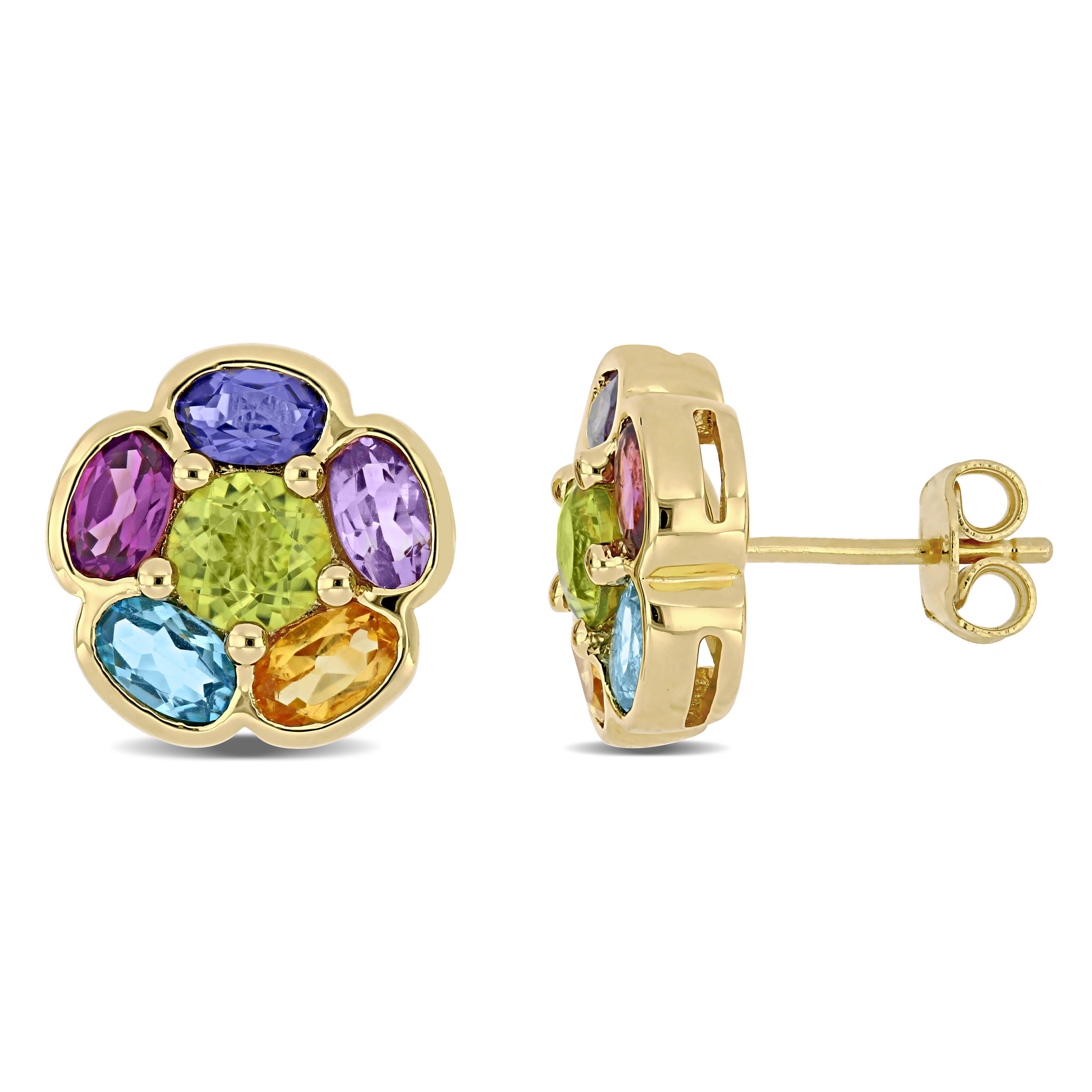 3 1/2 CT TGW Multi-Gem Floral Stud Earrings in Yellow Plated Sterling Silver