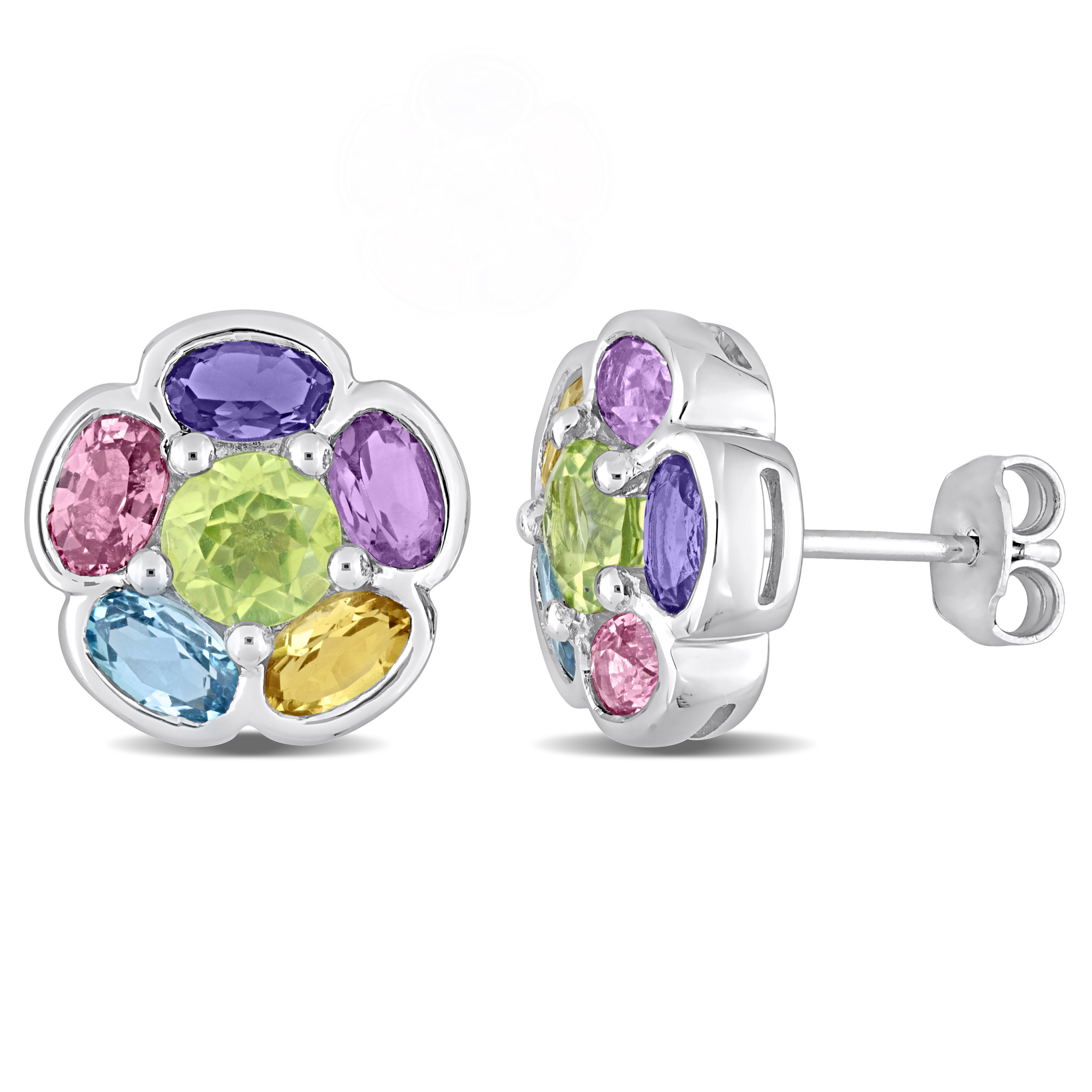 3 3/4 CT TGW Multi-Gem Floral Stud Earrings in Sterling Silver