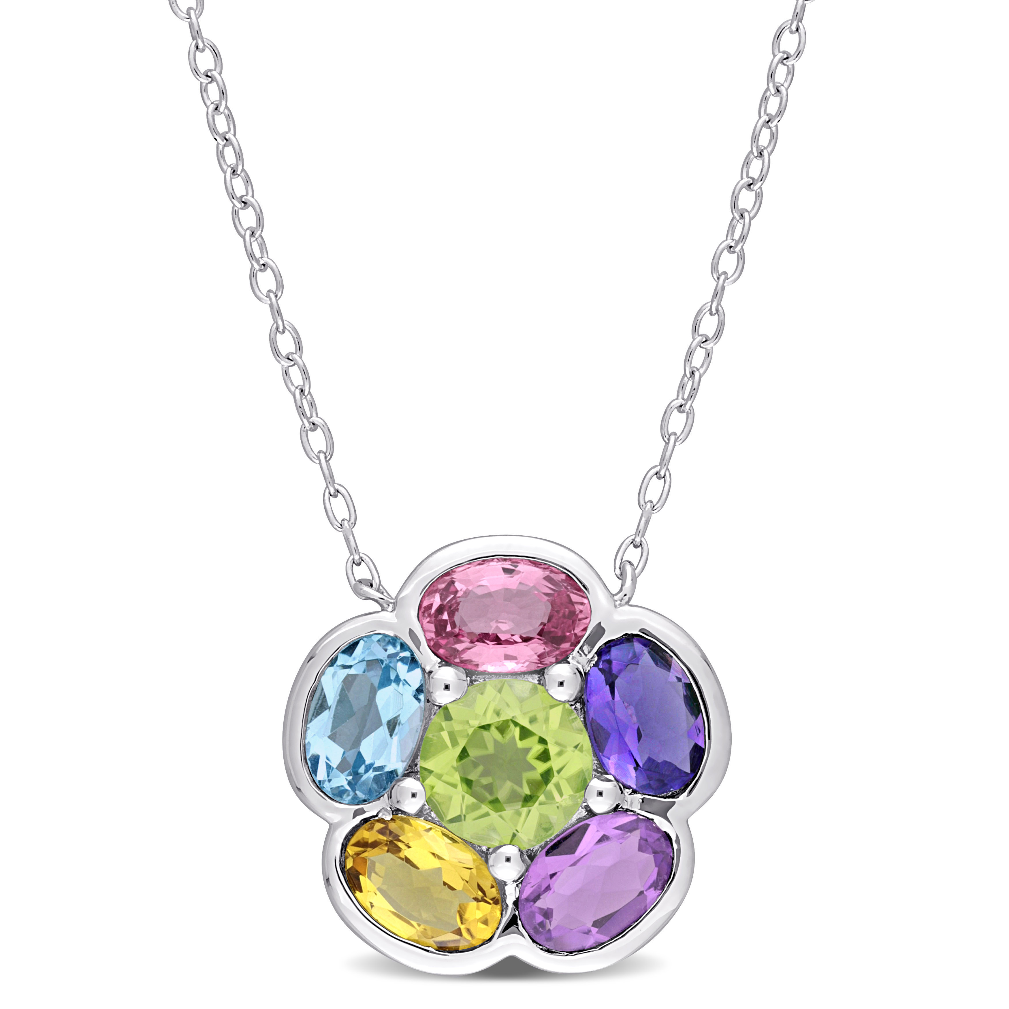 3 1/3 CT TGW Multi-Gem Floral Necklace in Sterling Silver - 17 in