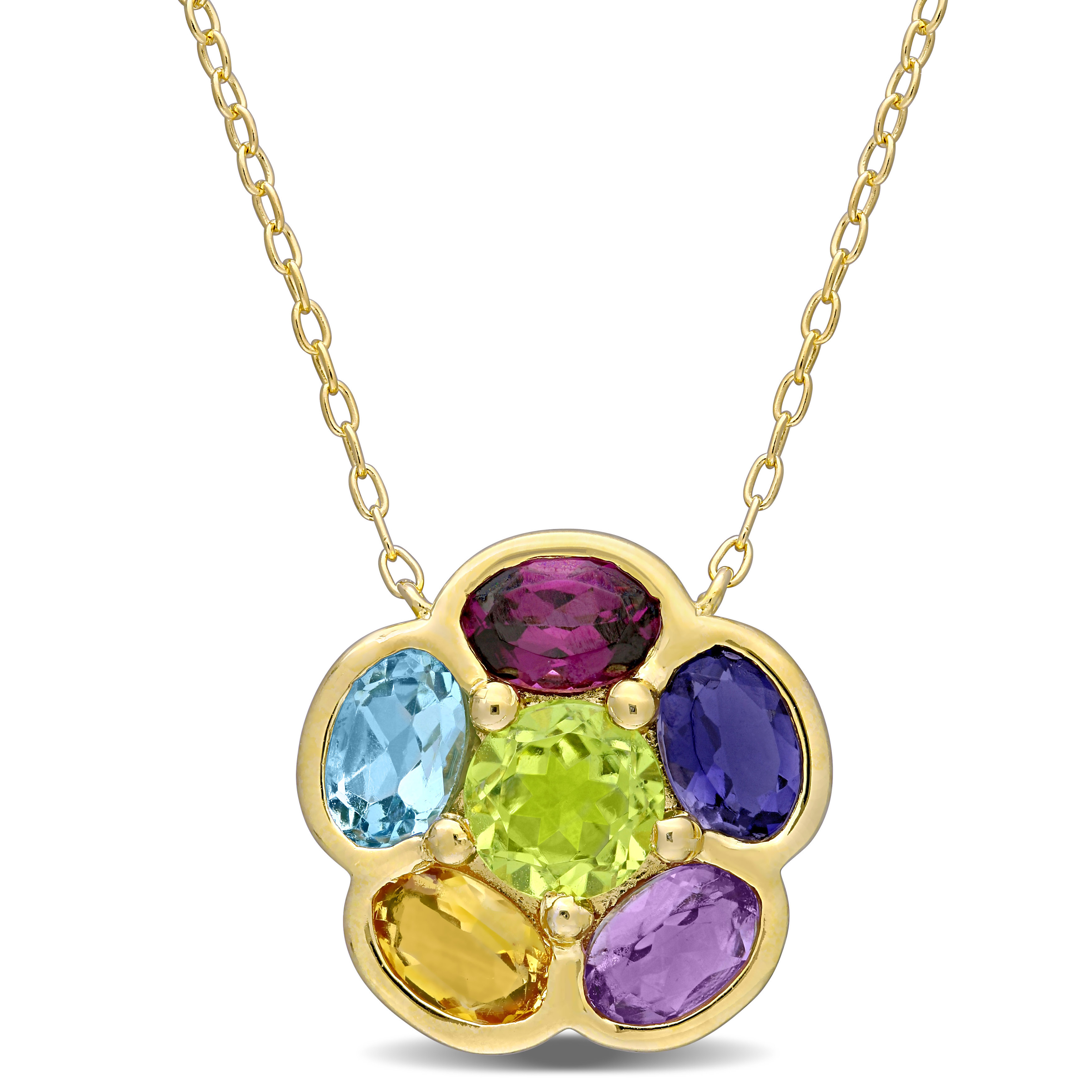 3 3/8 CT TGW Multi-Gem Floral Necklace in Yellow Plated Sterling Silver - 17 in