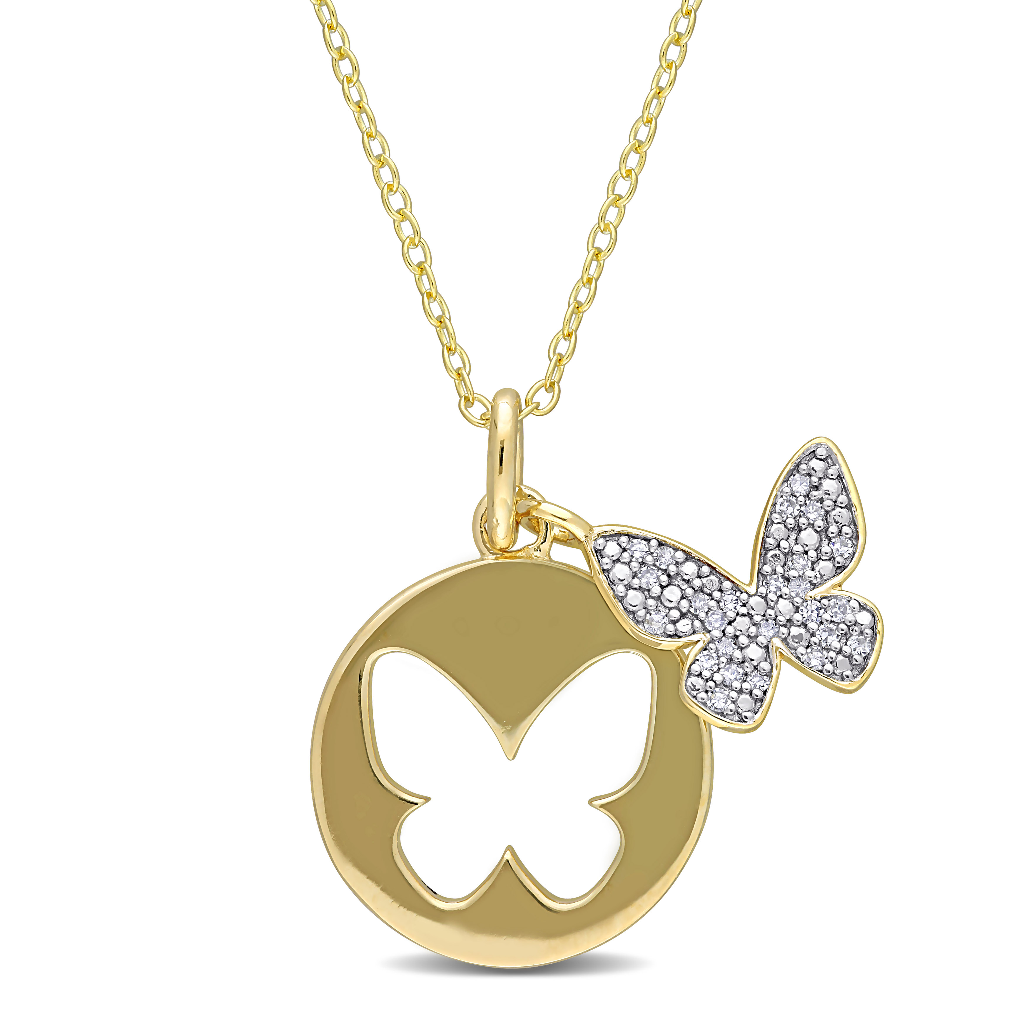 1/10 CT TW Diamond Double Butterfly Pendant with Chain in Yellow Plated Sterling Silver