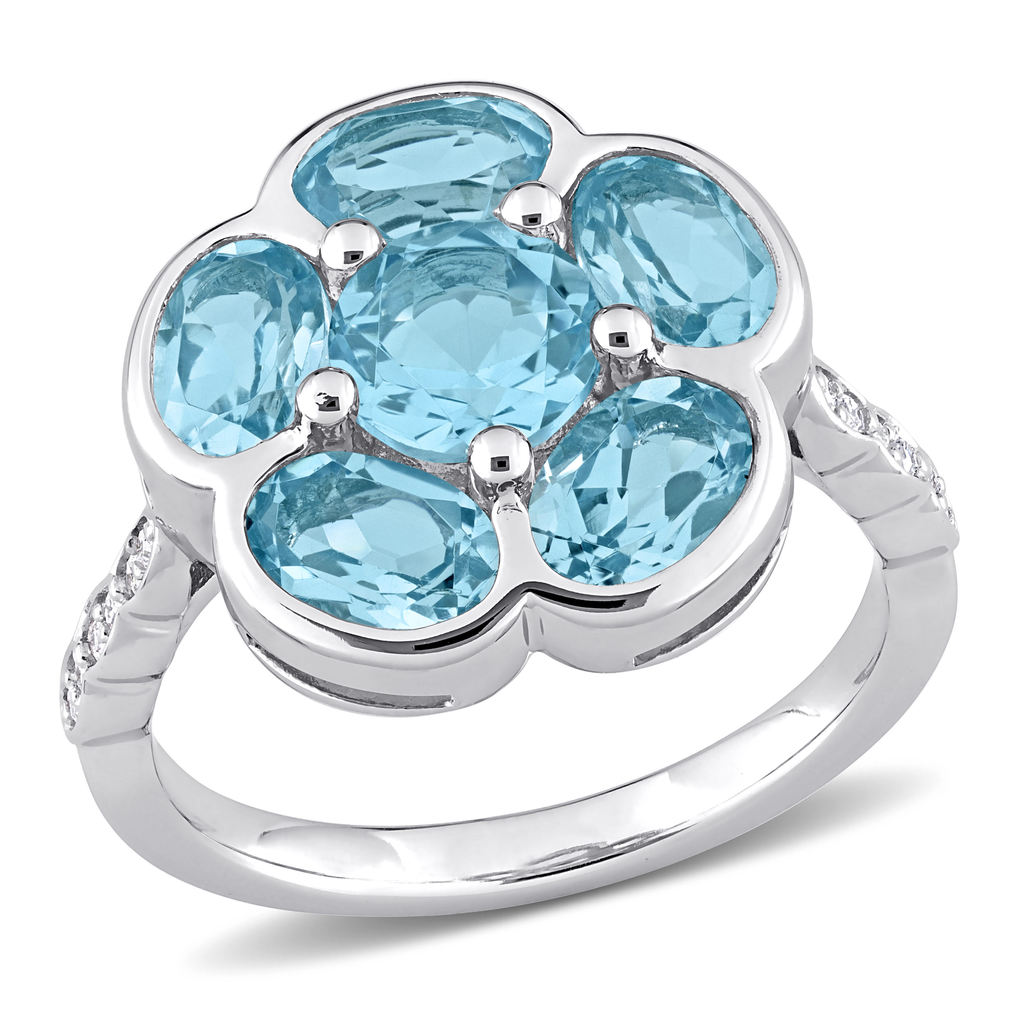 3 1/3 CT TGW Blue Topaz - Sky and Diamond Accent Floral Ring in Sterling Silver