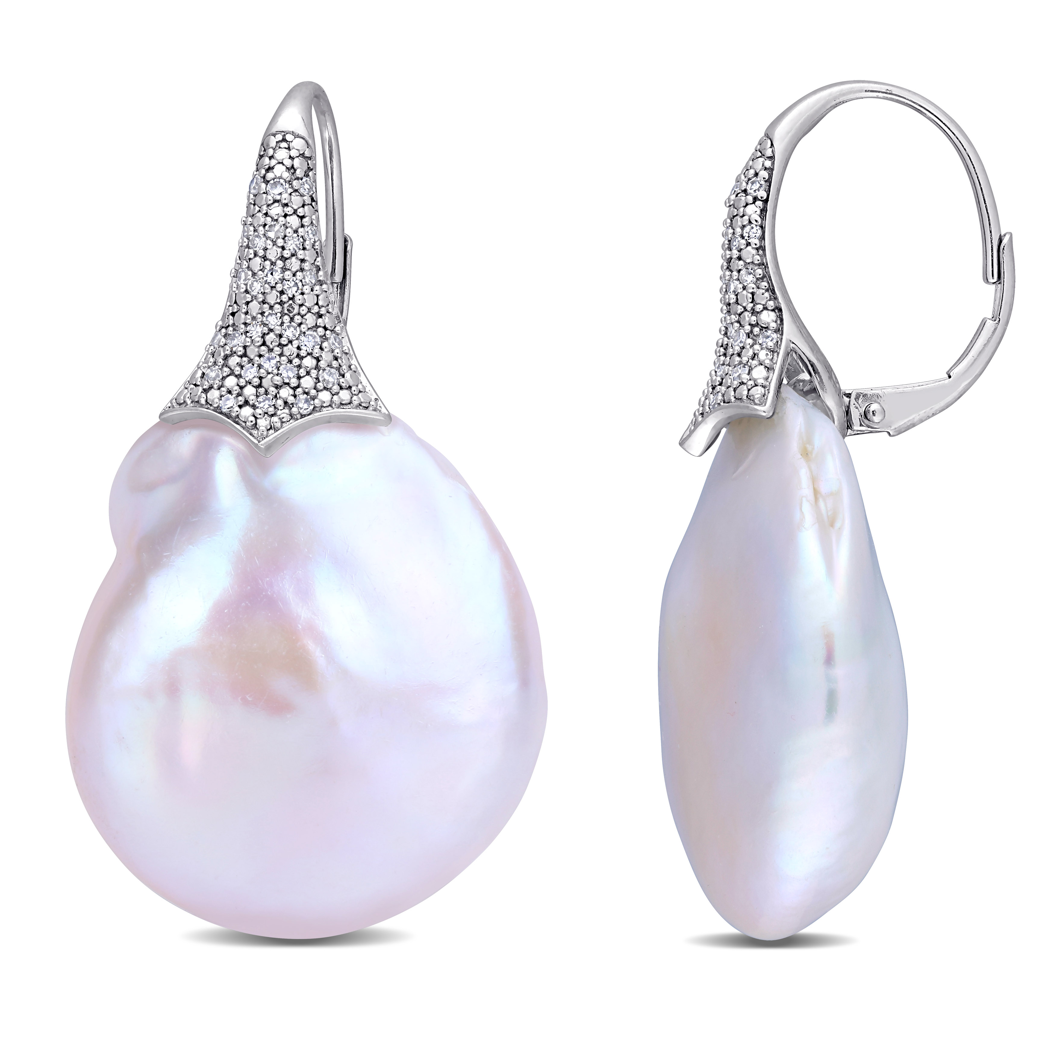20 - 20.5 MM Cultured Freshwater White Coin Pearl and 1/4 CT TW Diamond Leverback Drop Earrings in 14k White Gold