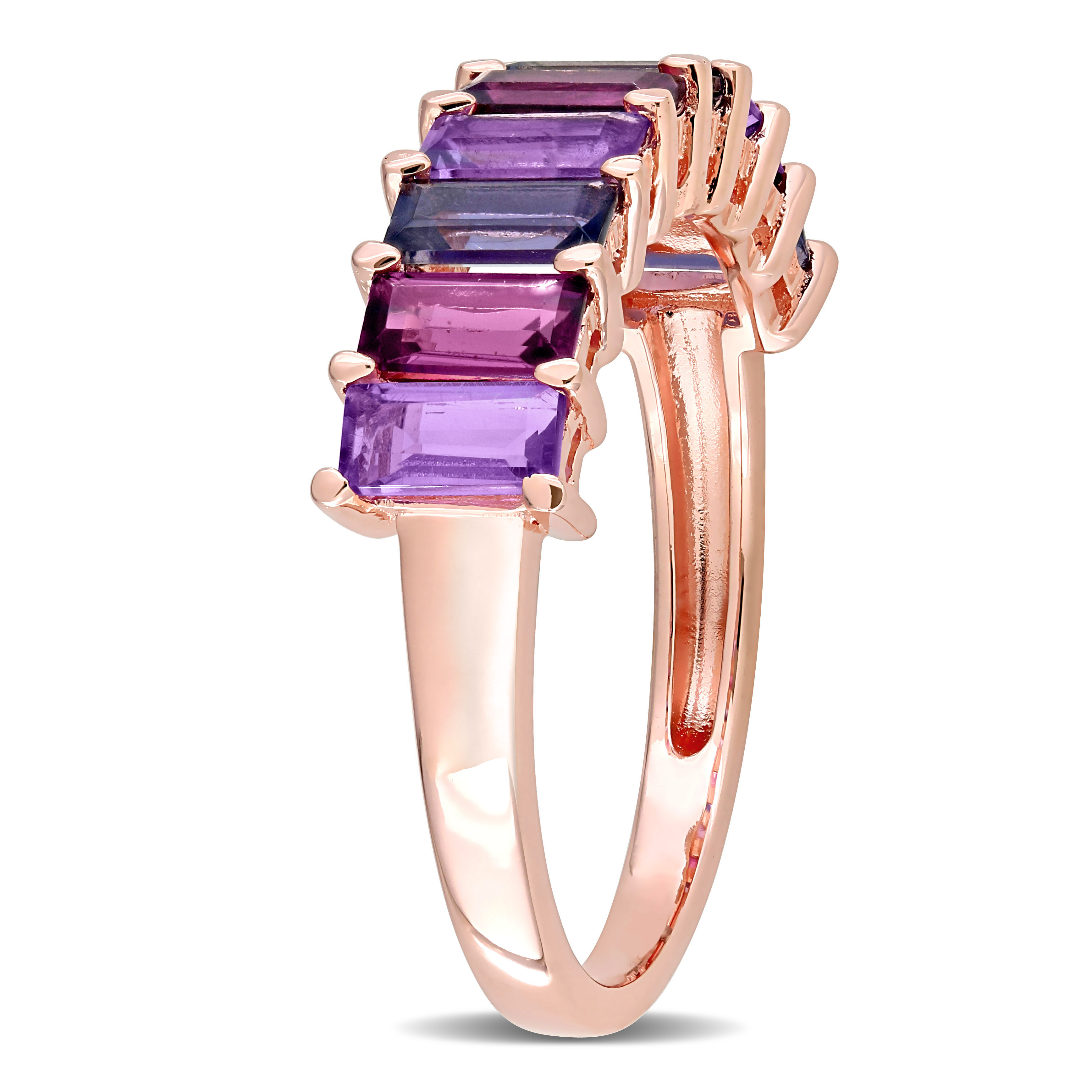 2 1/6 CT TGW Baguette Amethyst-Brazil Rhodolite and Iolite Semi-Eternity Ring in Rose Plated Sterling Silver
