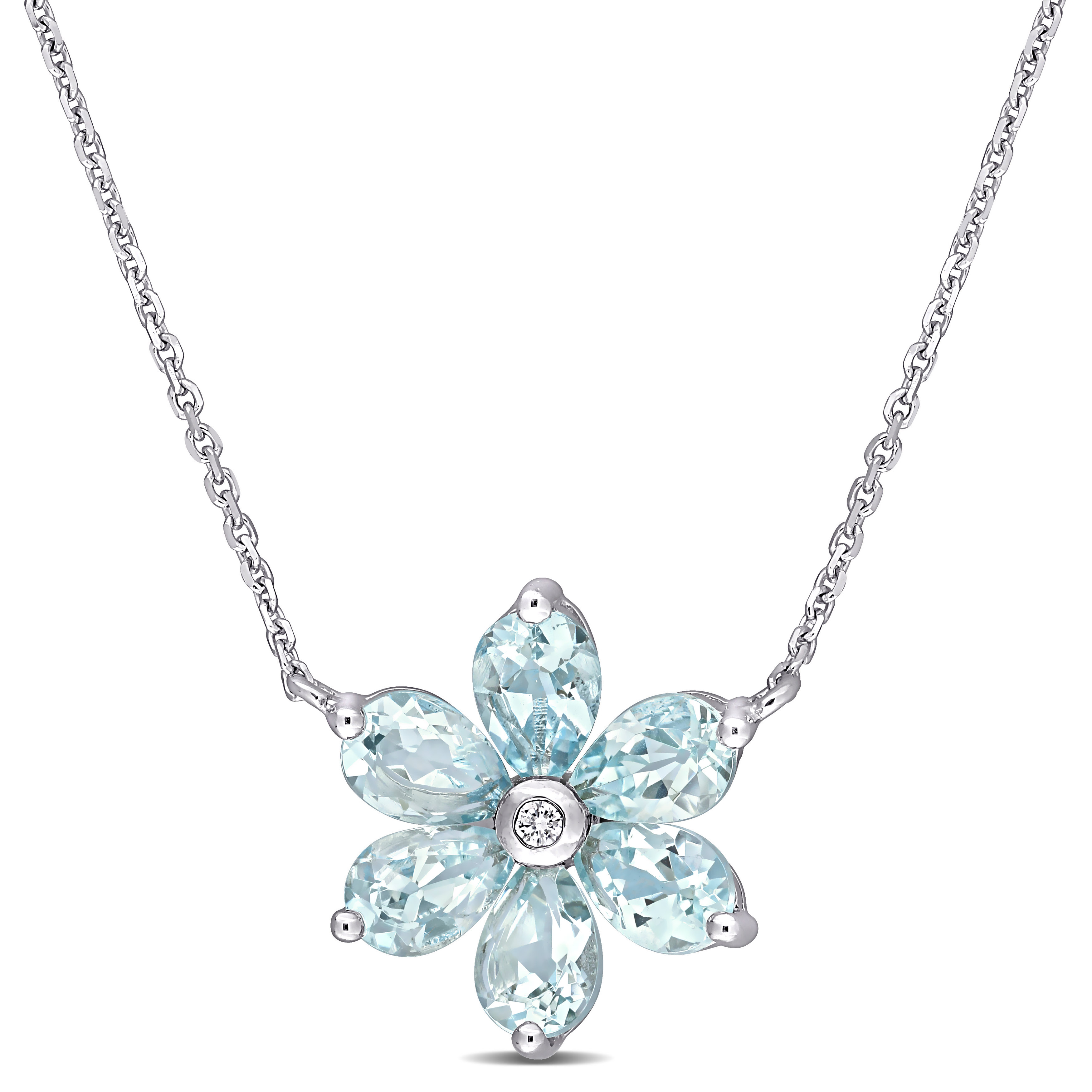 2 3/8 CT TGW Aquamarine and Diamond Accent Floral Pendant with Chain in 14k White Gold