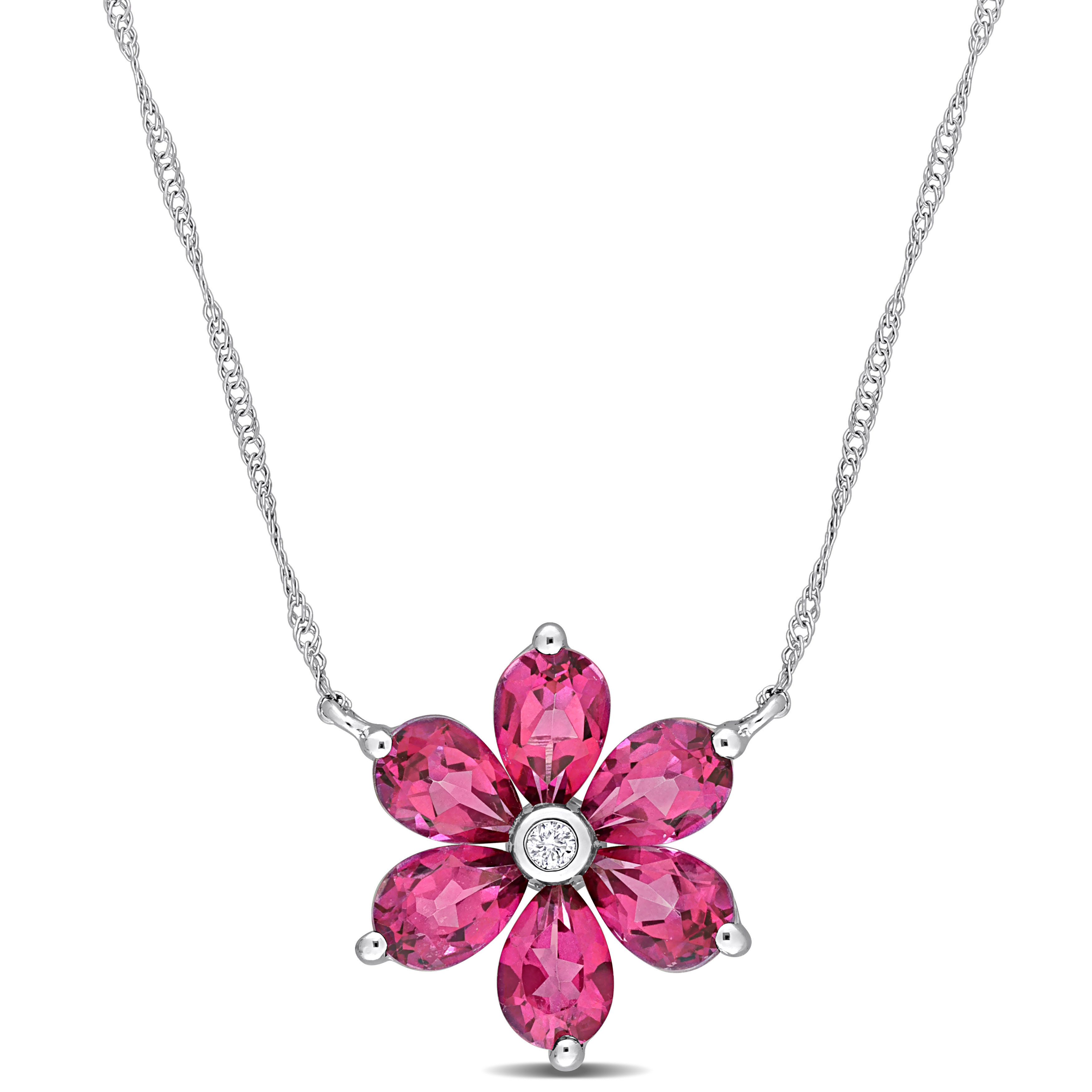3 1/3 CT TGW Pear Shape Pink Topaz and Diamond Accent Floral Pendant with Chain in 10k White Gold