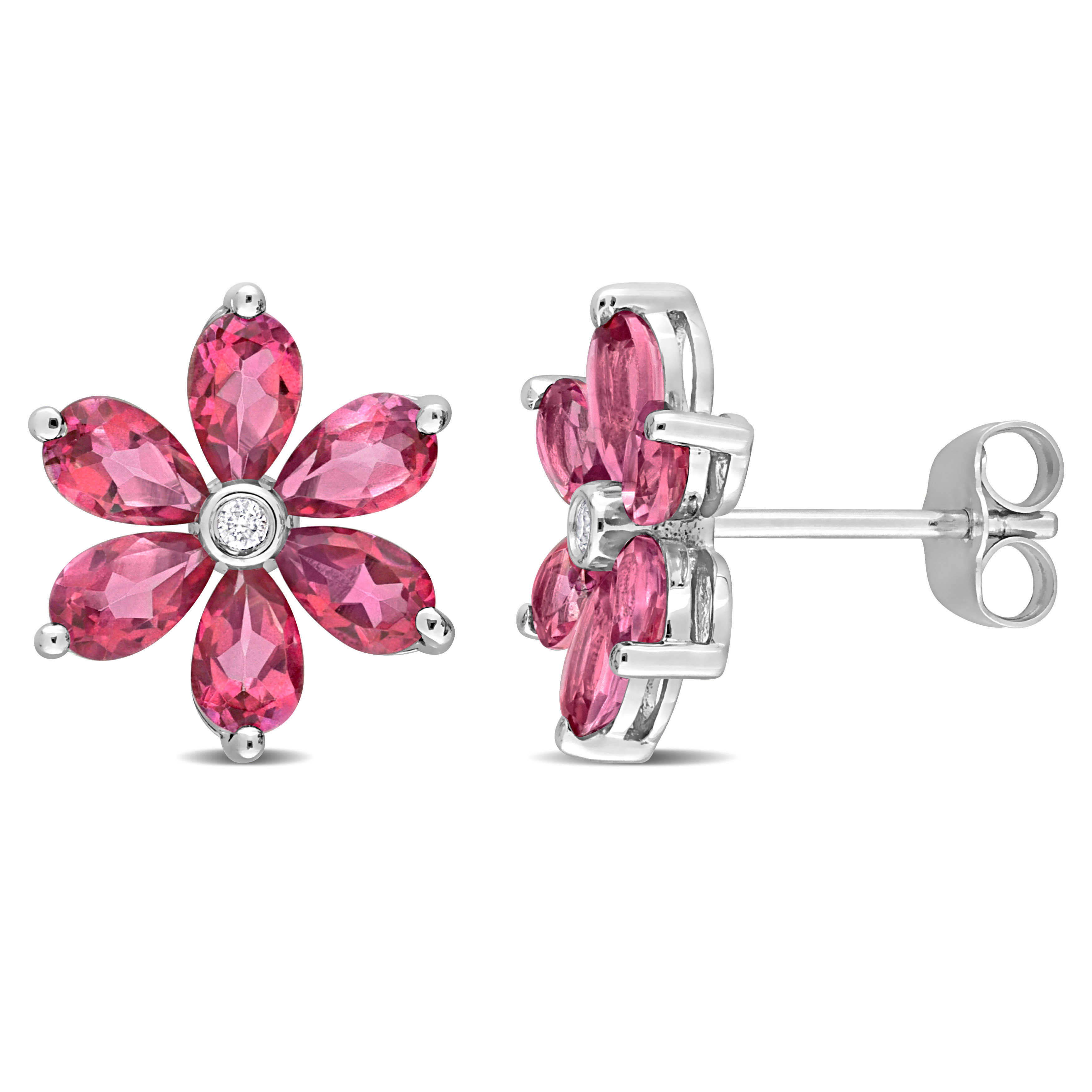 4 4/5 CT TGW Pear Shape Pink Topaz and Diamond Accent Floral Stud Earrings in 10k White Gold