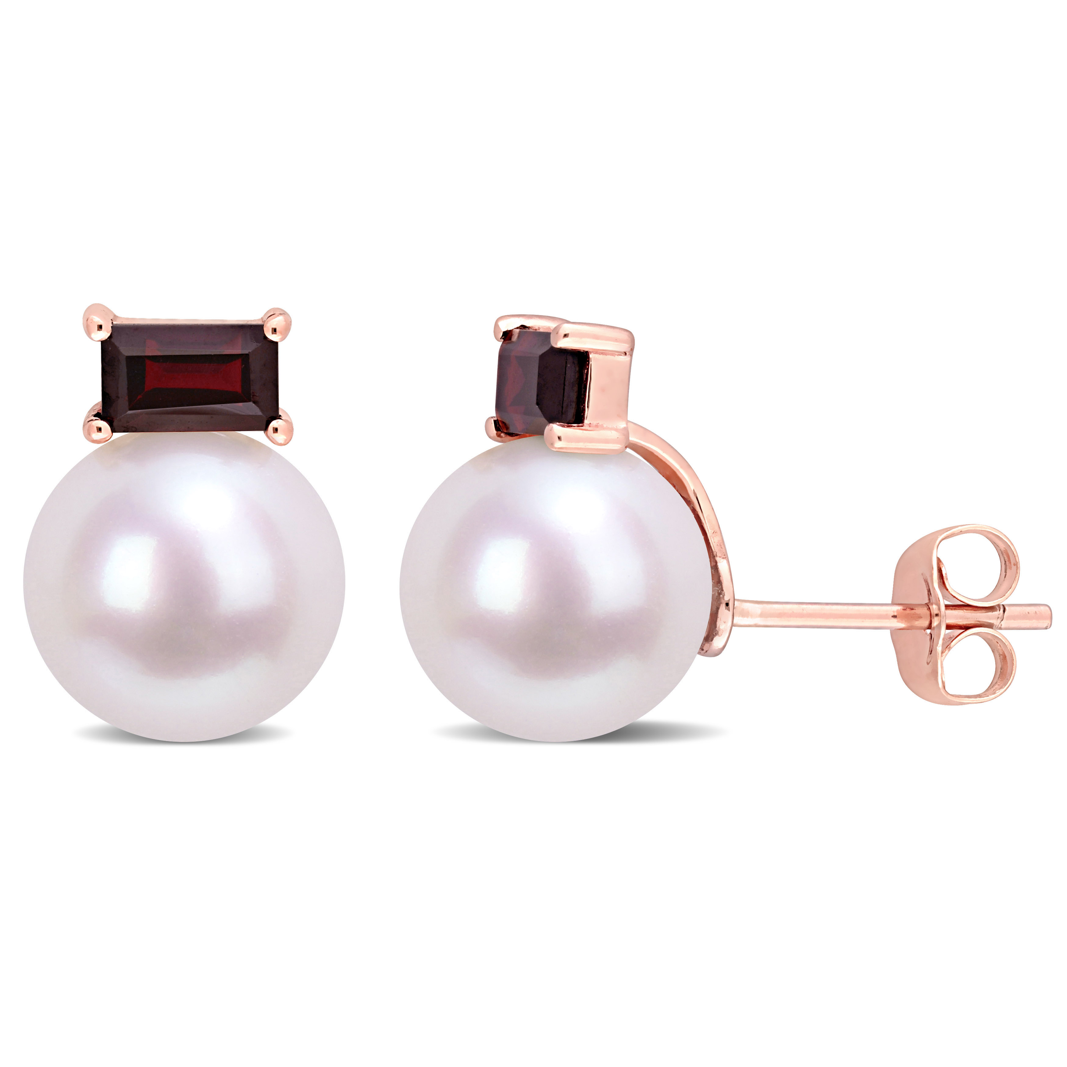 9-9.5 MM Cultured Freshwater Pearl and 4/5 CT TGW Garnet Stud Earrings in 10k Rose Gold