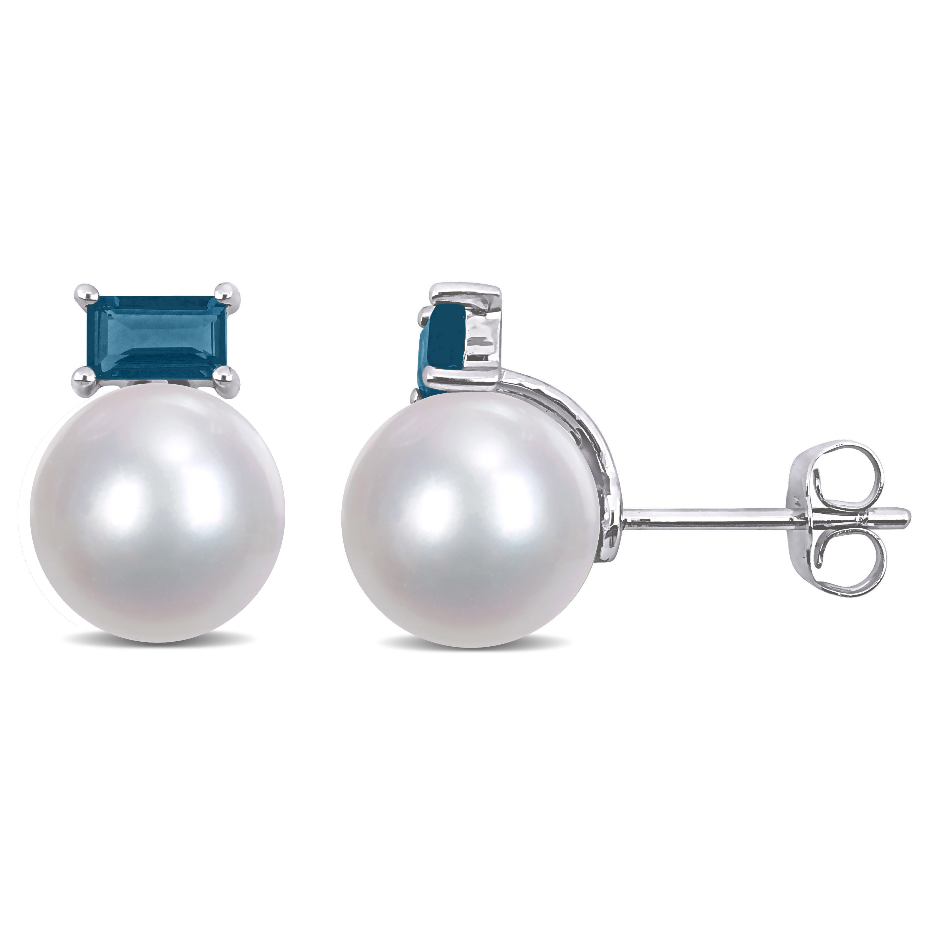 9-9.5 MM Cultured Freshwater Pearl and 4/5 CT TGW Baguette London-Blue Topaz Stud Earrings in 10k White Gold