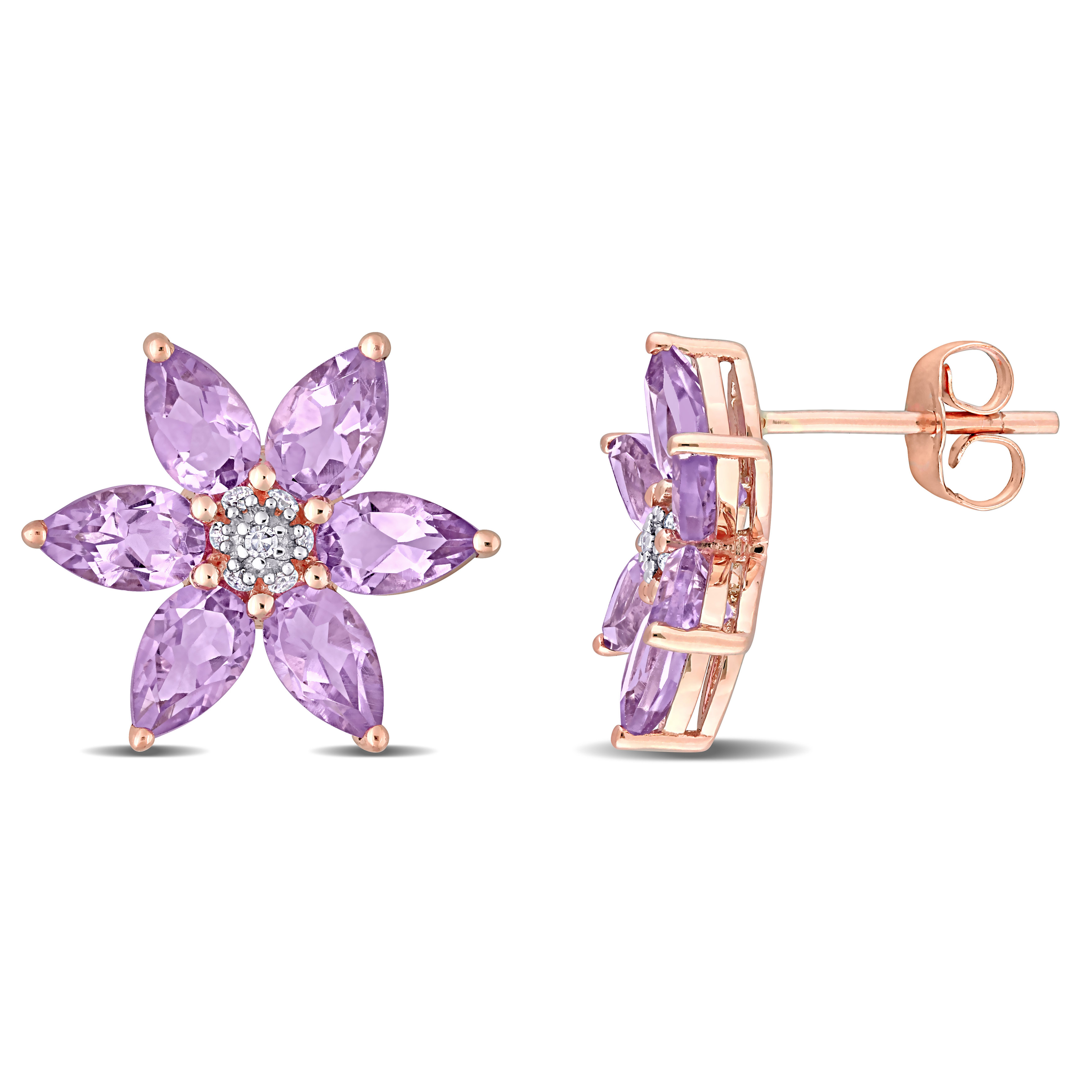 2 3/8 CT TGW Amethyst and Diamond Accent Floral Stud Earrings in 10k Rose Gold