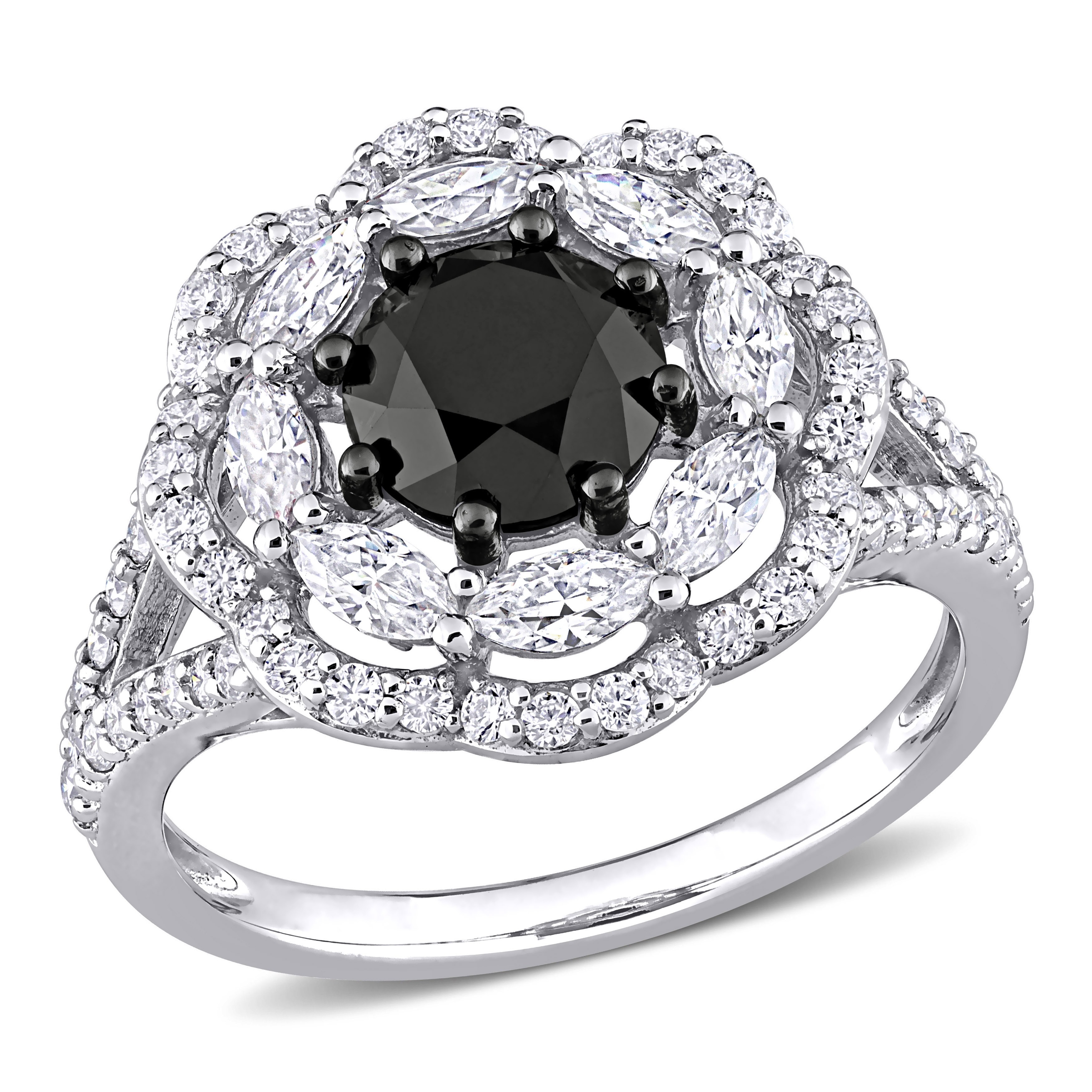 1 3/4 CT DEW Created Moissanite and 1 1/2 CT TW Black Diamond Engagement Ring in 10k White Gold