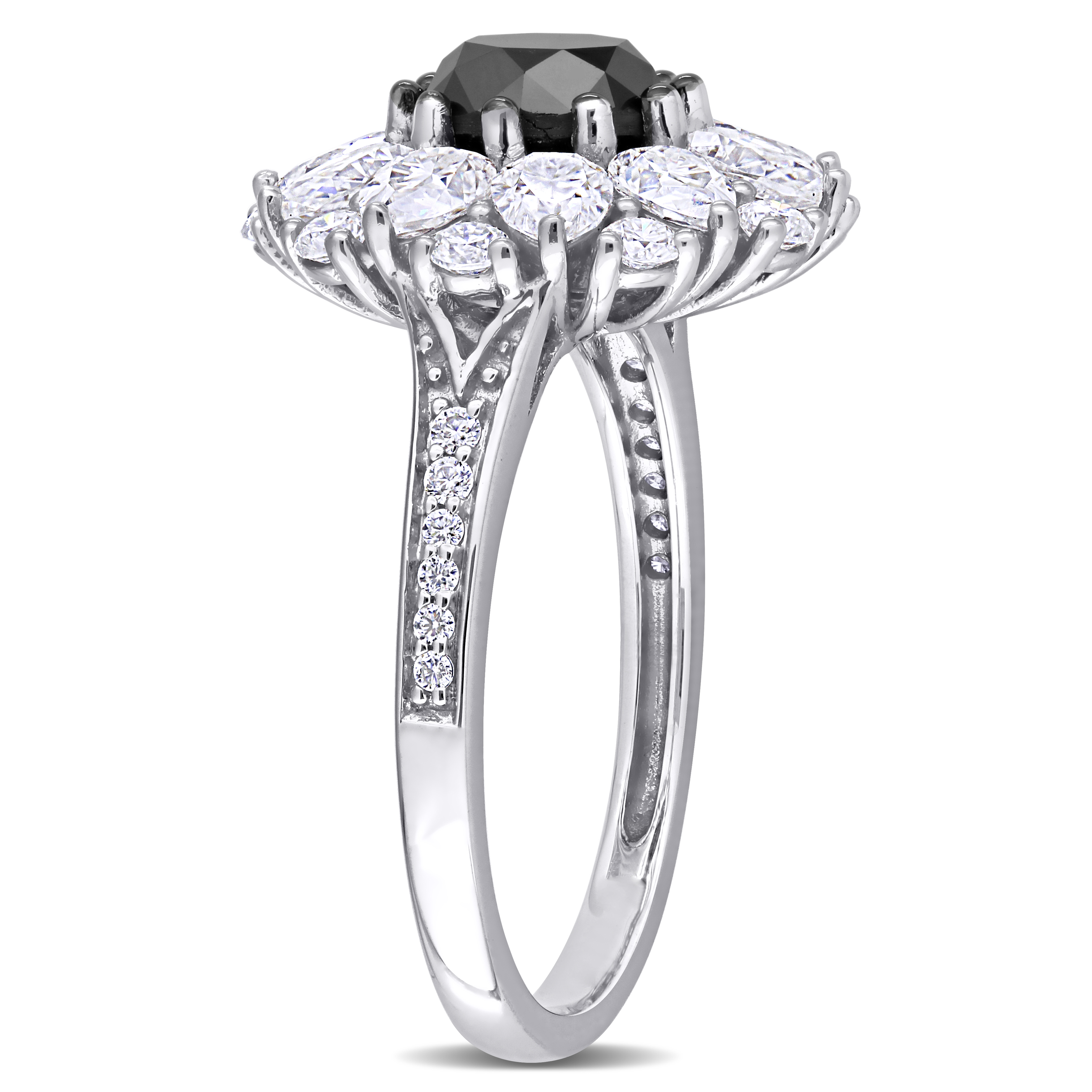 3 3/8 CT DEW Created Moissanite and 1 1/2 CT TDW Black Diamond Floral Ring in 10k White Gold Black Rhodium Plated