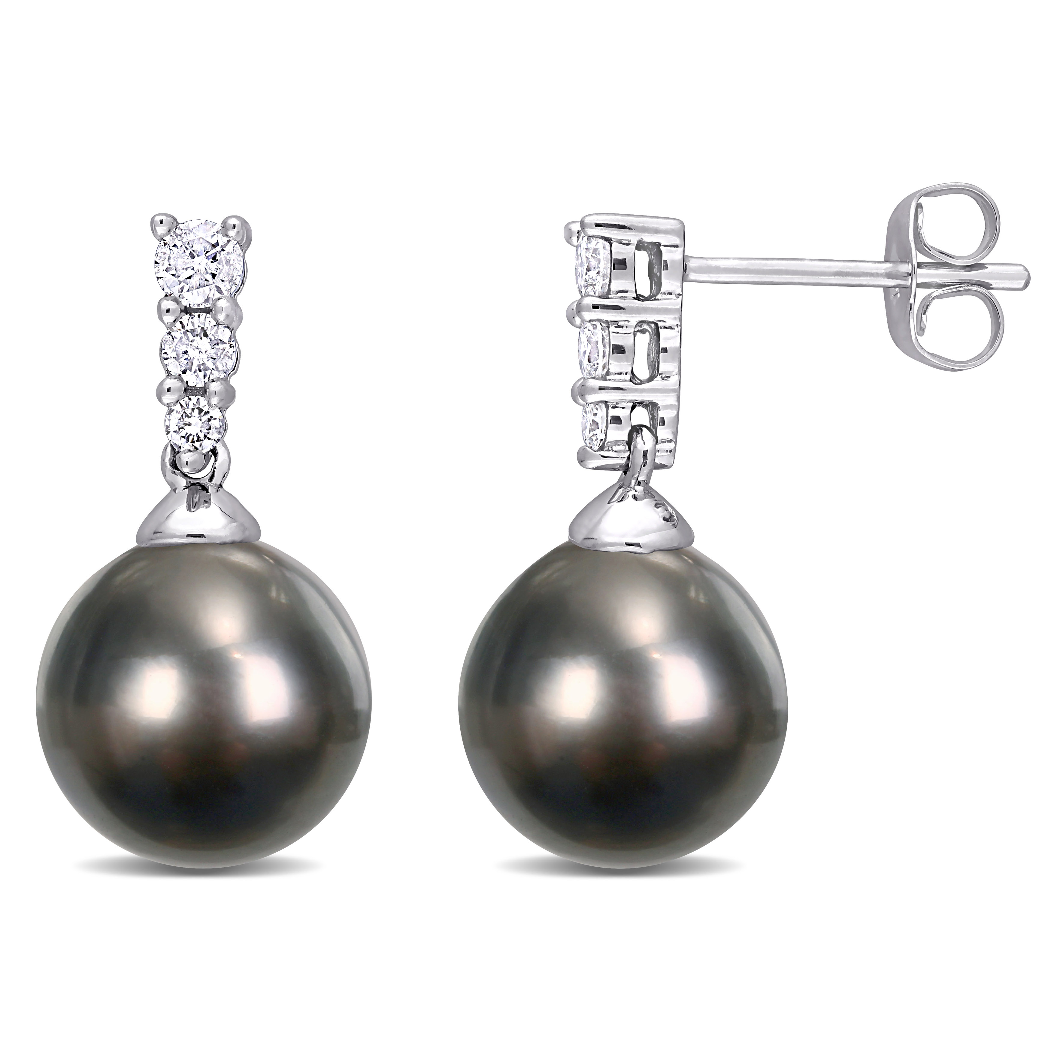 9-10 MM Black Tahitian Cultured Pearl and 1/4 CT TDW Diamond Drop Earrings in 10k White Gold