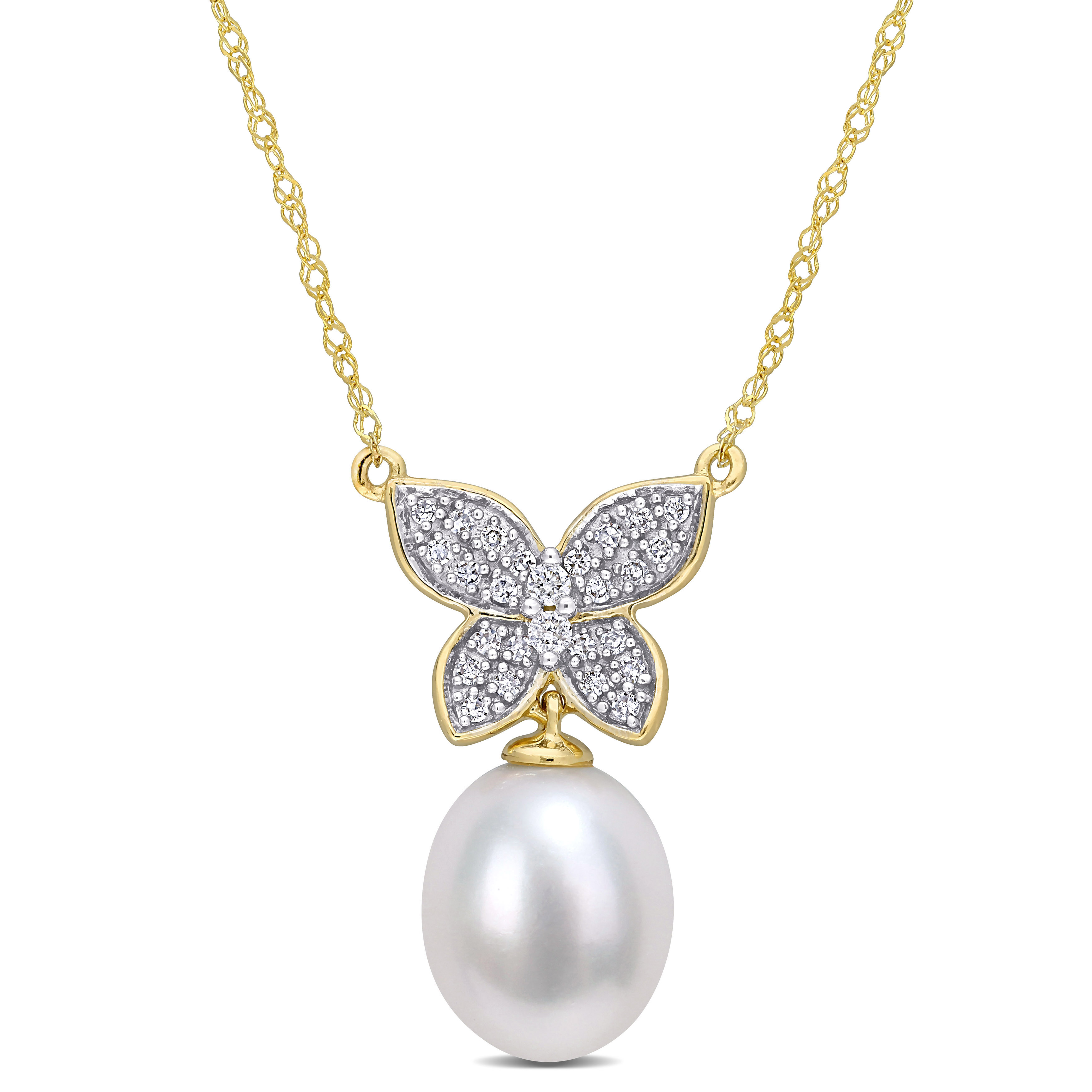 9-10 MM Freshwater Cultured Pearl and 1/8 CT TDW Diamond Butterfly Drop Pendant with Chain in 10k Yellow Gold