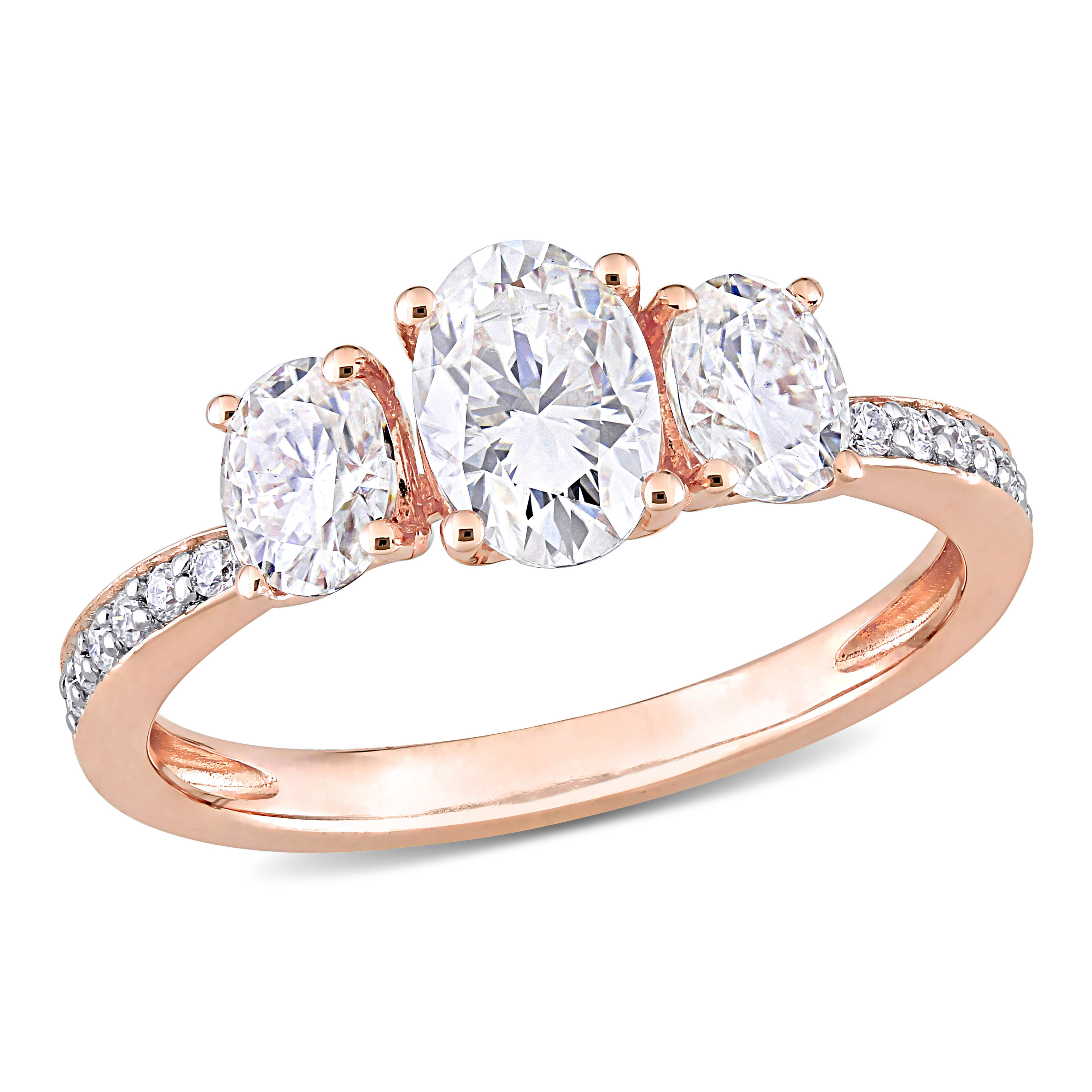 1 4/5 CT DEW Oval Created Moissanite 3-Stone Engagement Ring in 10k Rose Gold