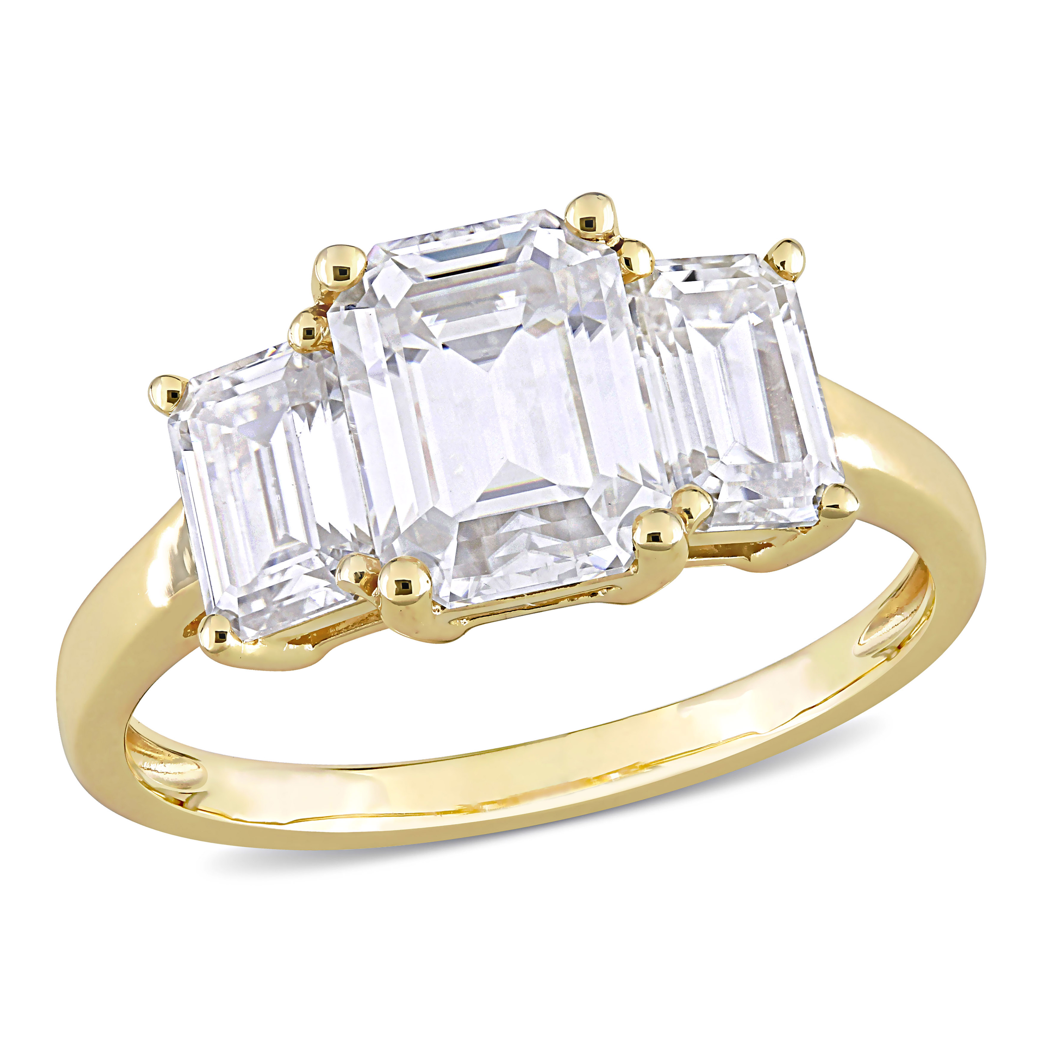 2 3/4 CT DEW Octagon Created Moissanite 3-Stone Engagement Ring in 10k Yellow Gold