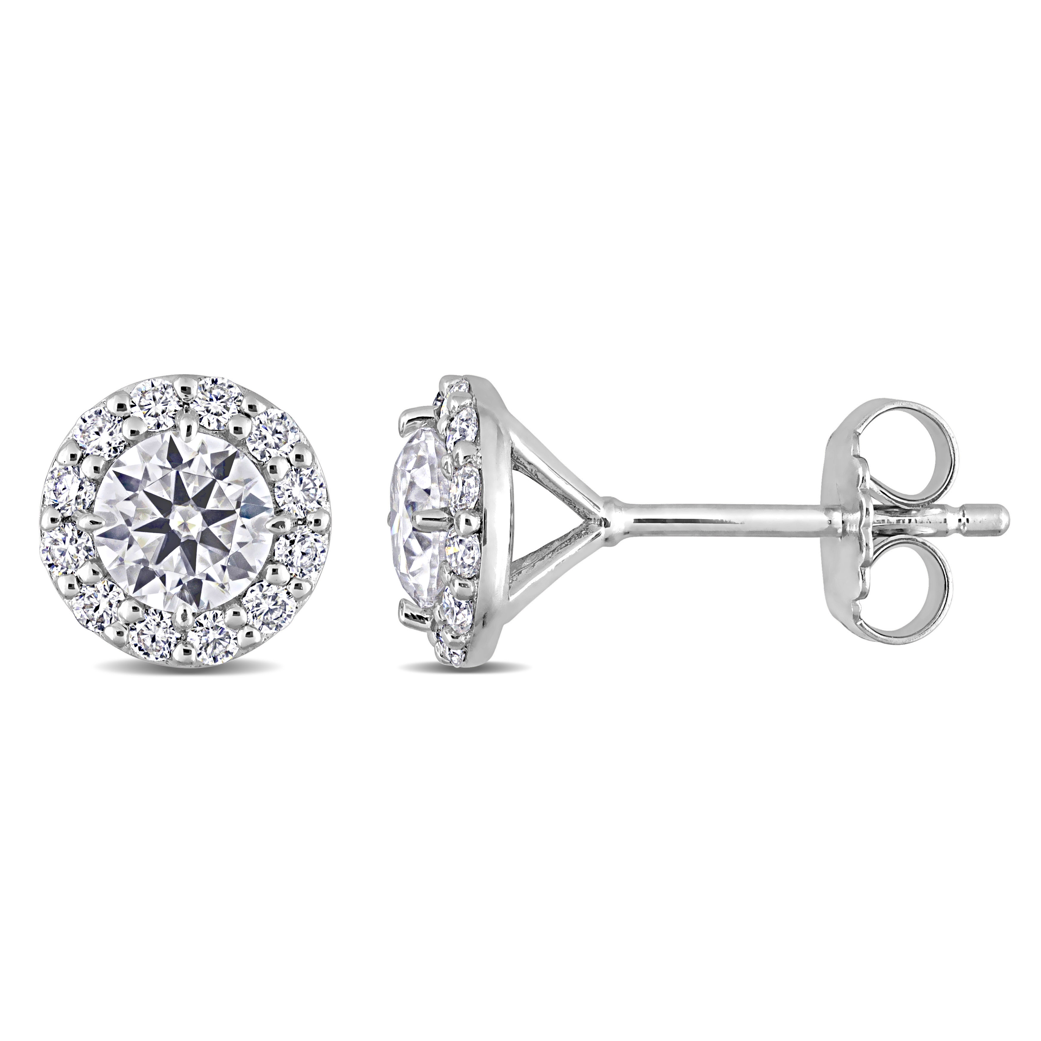 1 1/3 CT DEW Created Moissanite Round Halo Stud Earrings in Sterling Silver