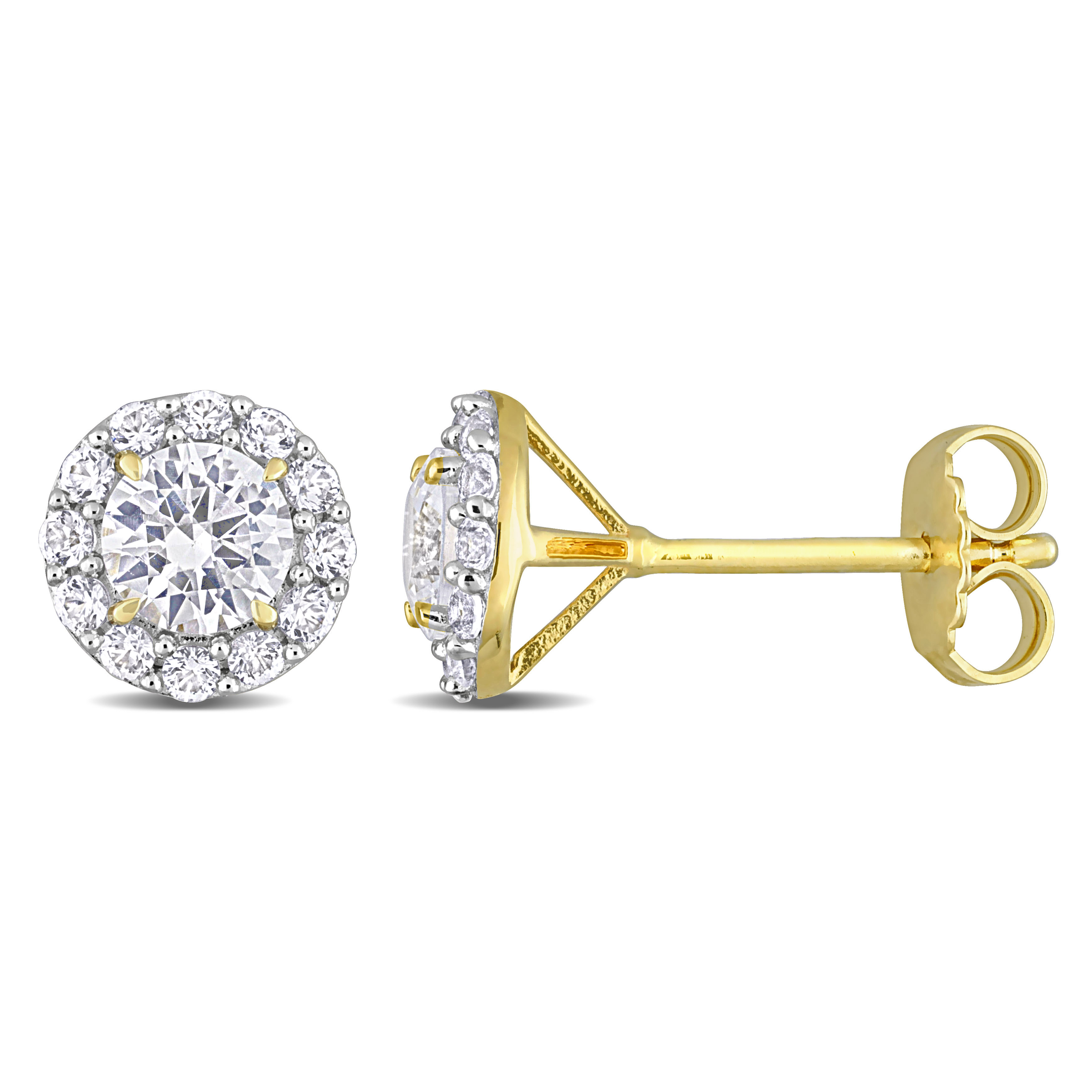 1 3/4 CT TGW Created White Sapphire Halo Stud Earrings in Yellow Plated Sterling Silver