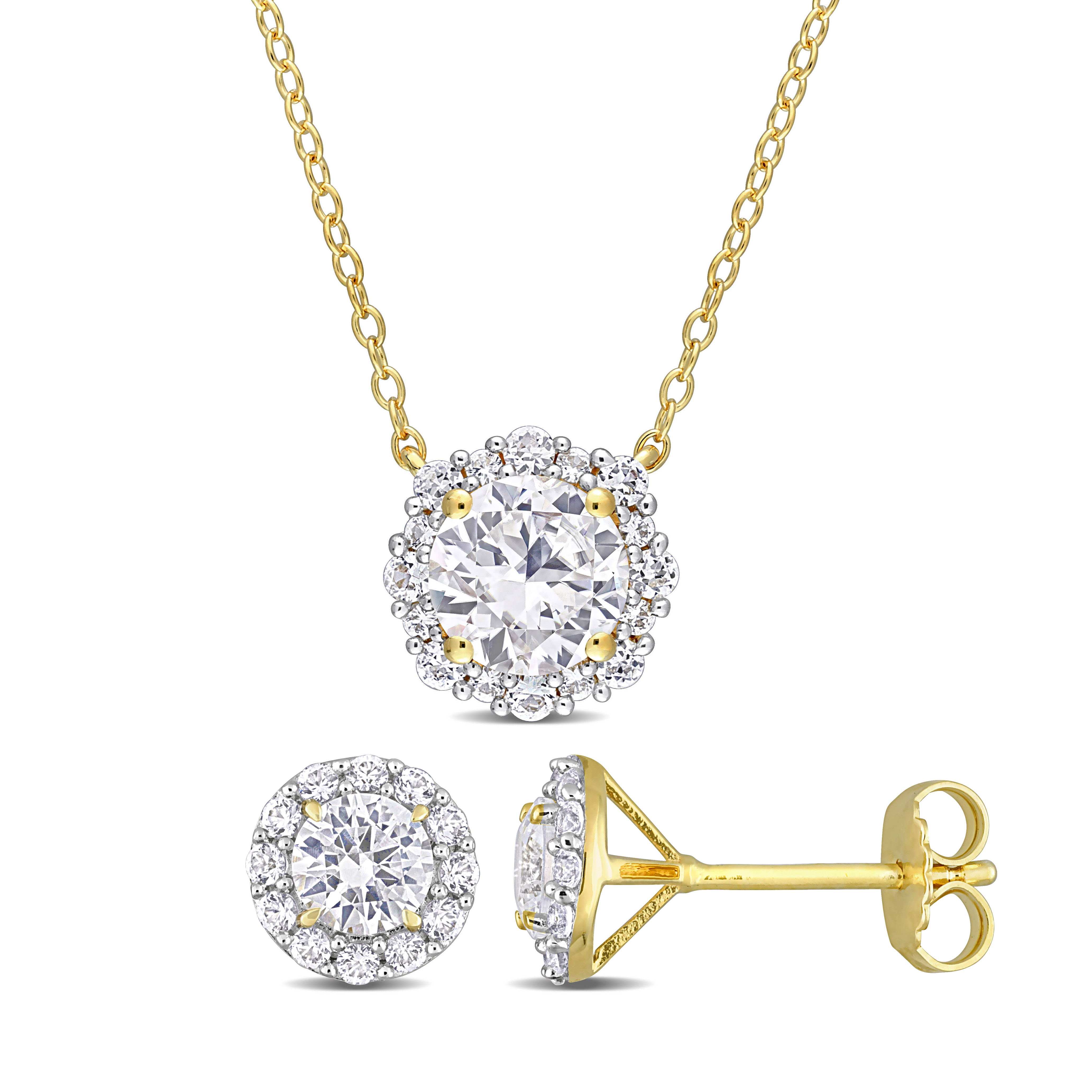 3 3/4 CT TGW Created Sapphire Halo Earrings and Necklace 2-Piece Set in Yellow Plated Sterling Silver