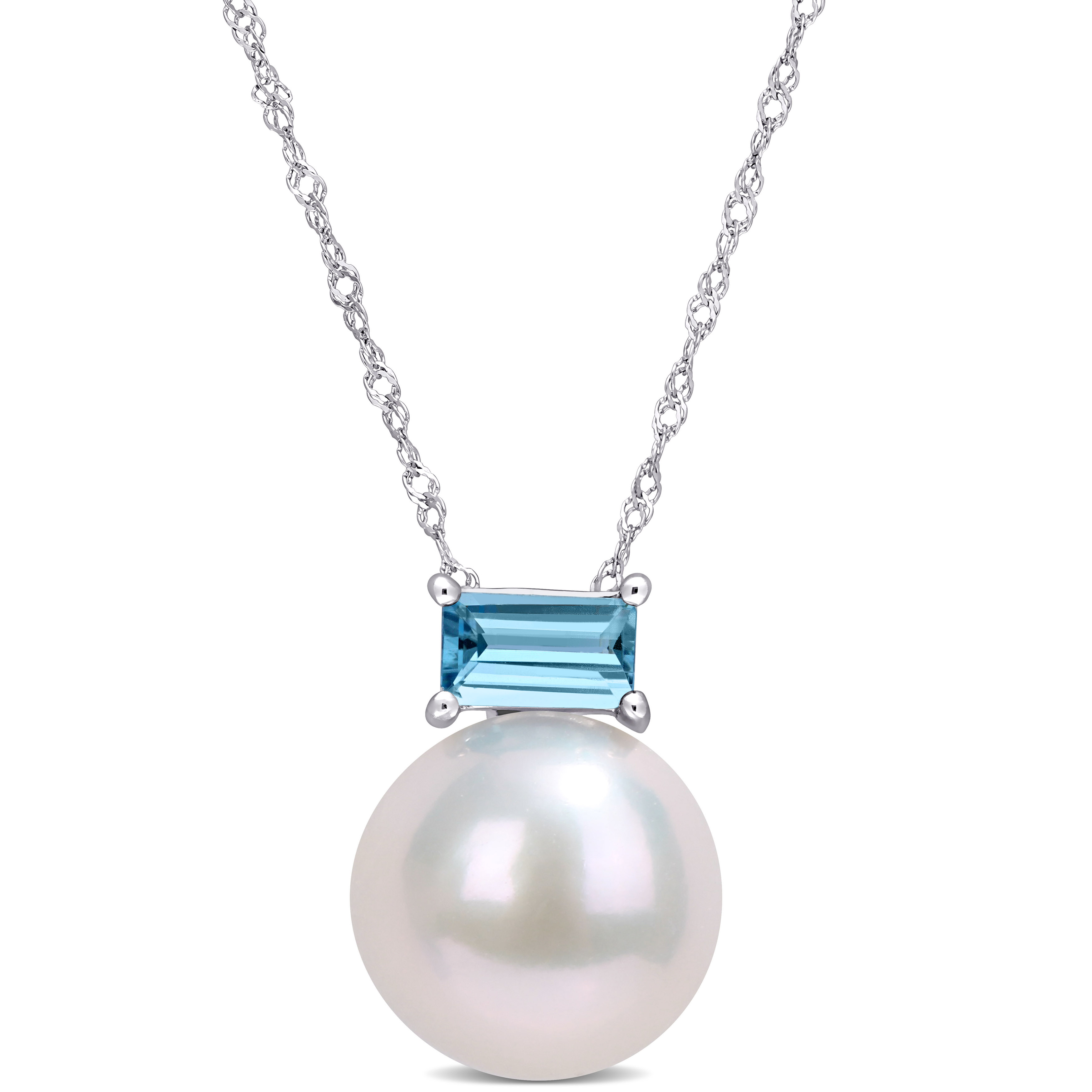 11-12 MM Cultured Freshwater Pearl and 3/4 CT TGW Baguette London Blue Topaz Stud Pendant with Chain in 10k White Gold