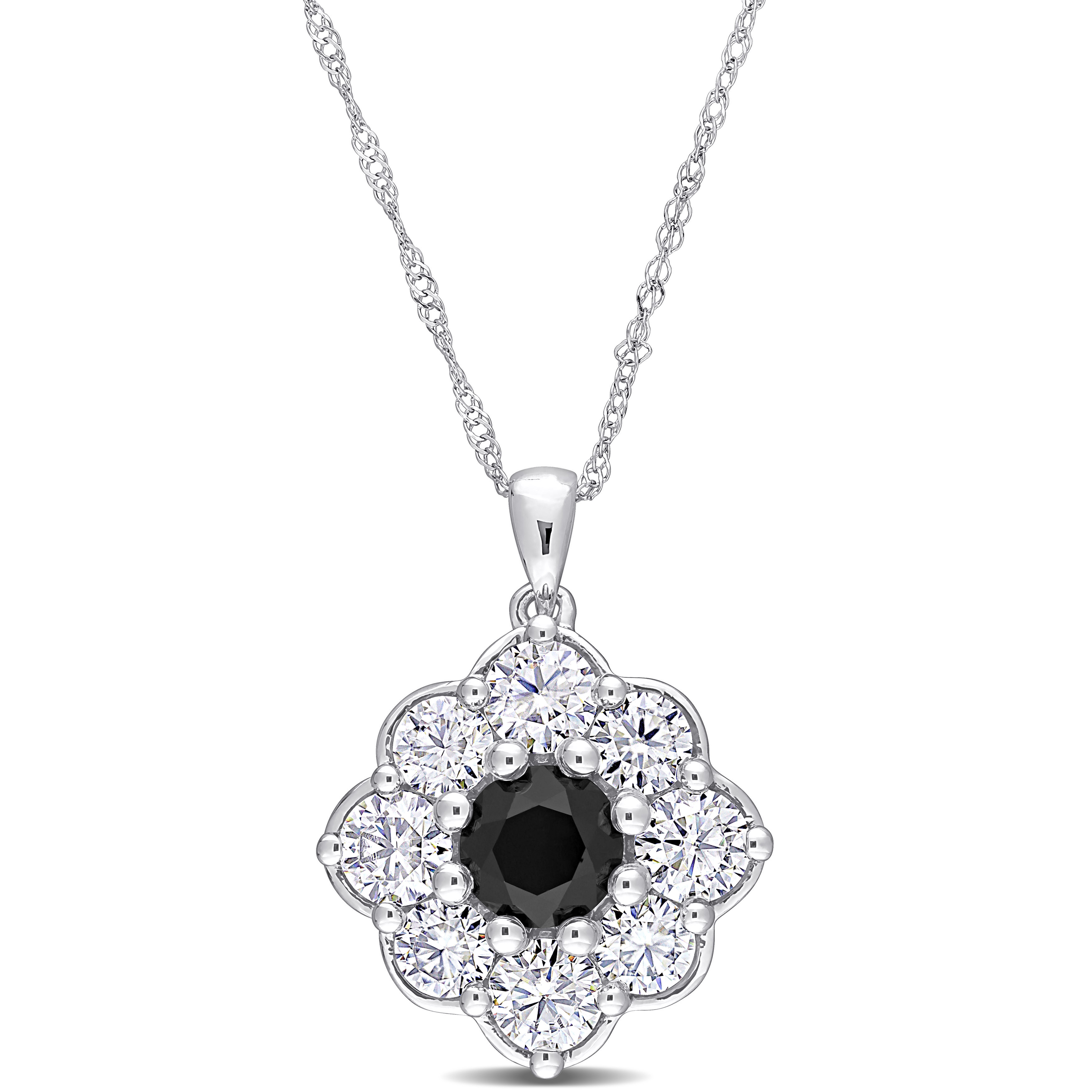 1 5/8 CT DEW Created Moissanite and 1 CT TW Black Diamond Floral Pendant With Chain in 10k White Gold