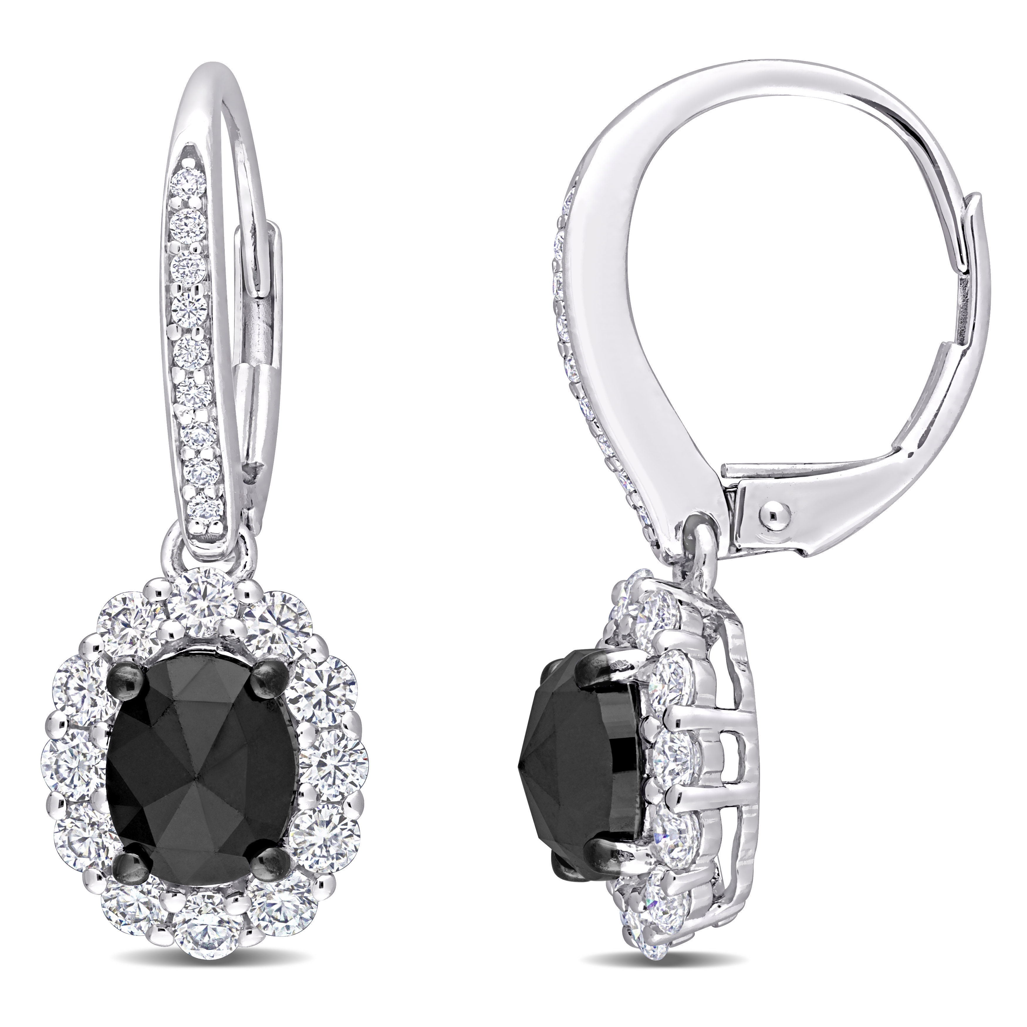 4/5 CT DEW Created Moissanite and 1/2 CT Black Oval Diamond Leverback Earrings in 10k White Gold