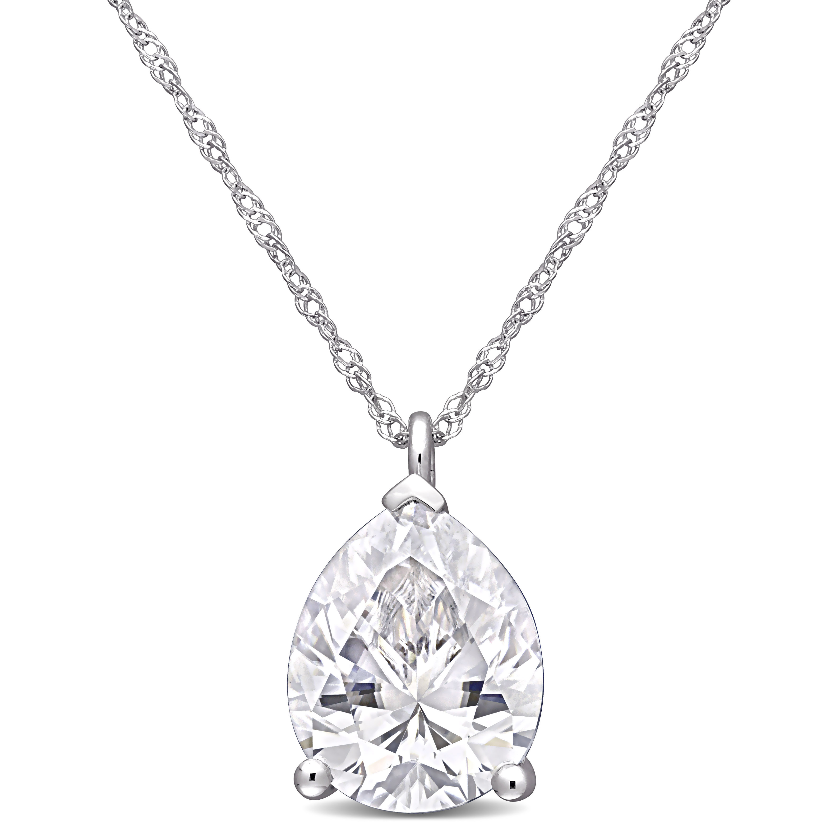 Pear Shape Created Moissanite Solitaire Pendant With Chain in 14k White Gold