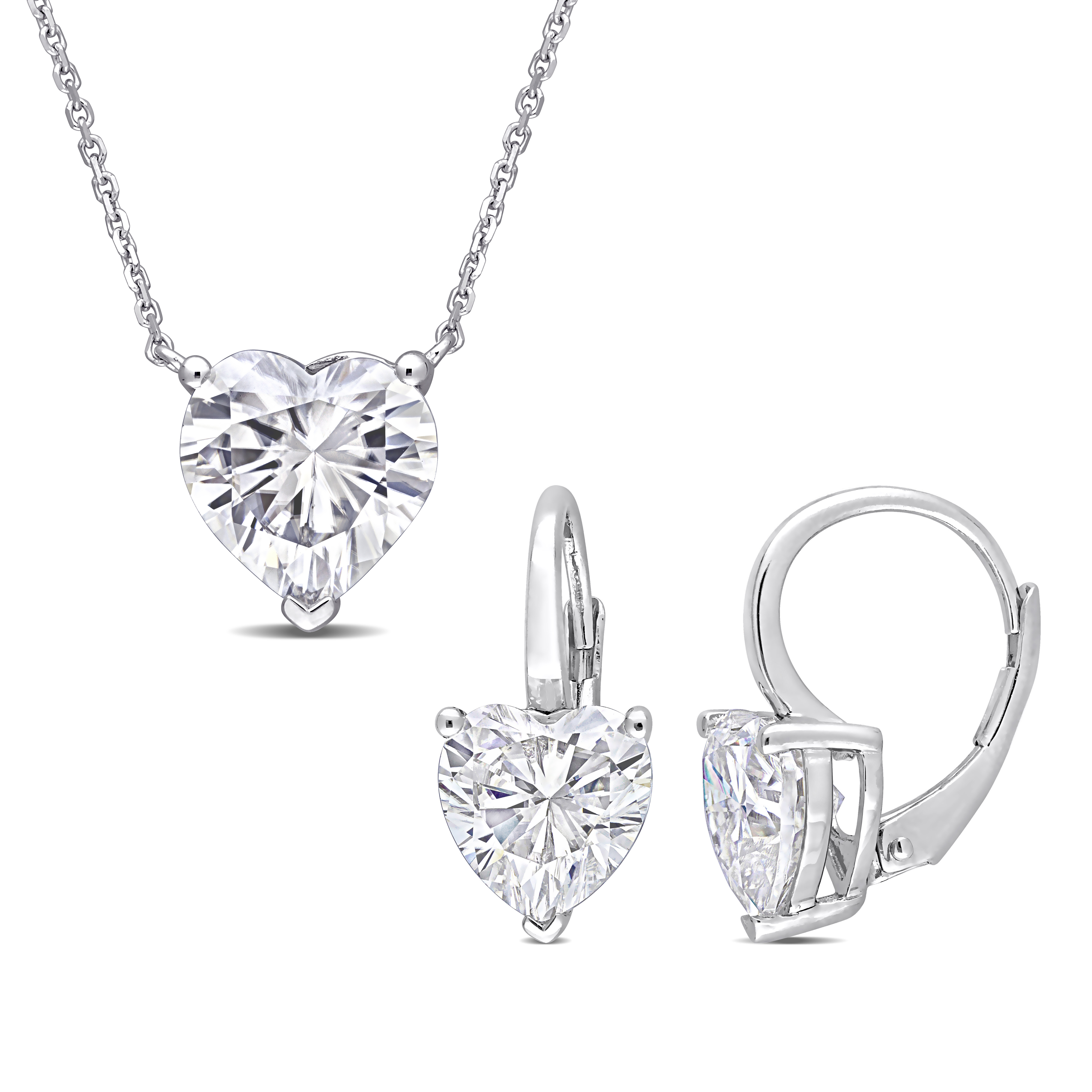 7 1/2 CT DEW Heart Shape Created Moissanite Solitaire Leverback Earrings and Pendant 2-Piece Set in 14k White Gold