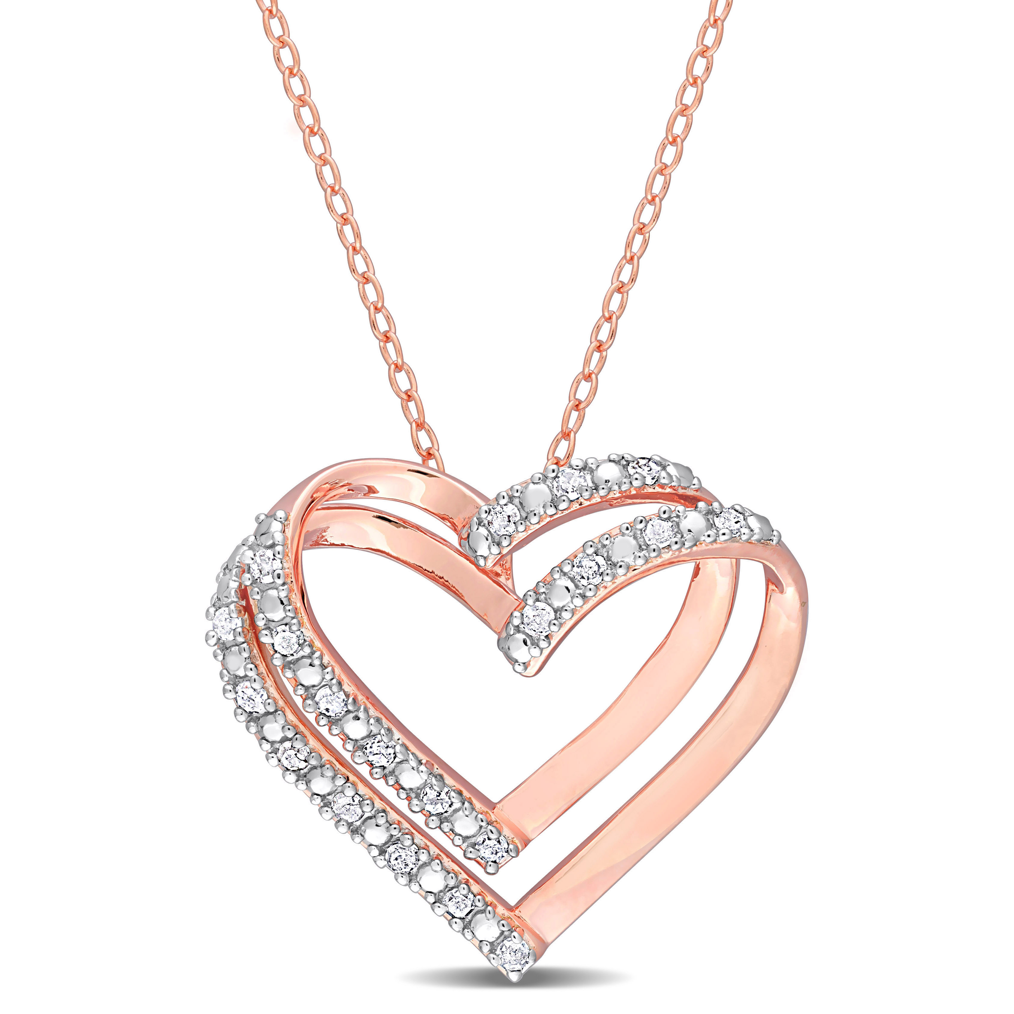 1/5 CT TW Diamond Open Heart Pendant with Chain in Rose Plated Sterling Silver